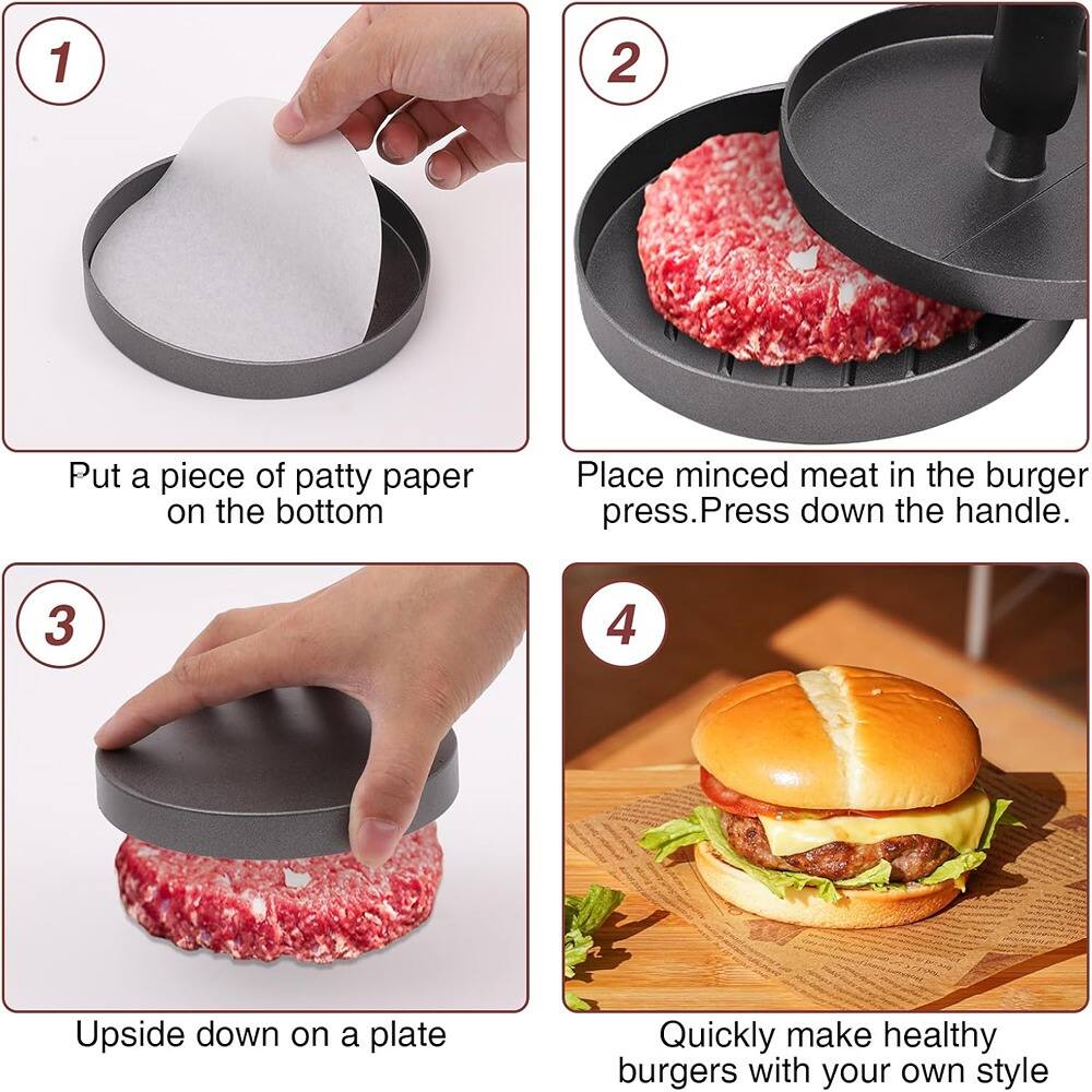 1. Put a piece of patty paper on the bottom.

2. Place minced meat in the burger press. Press down the handle.

3. Upside down on a plate.

4. Quickly make healthy burgers with your own style.