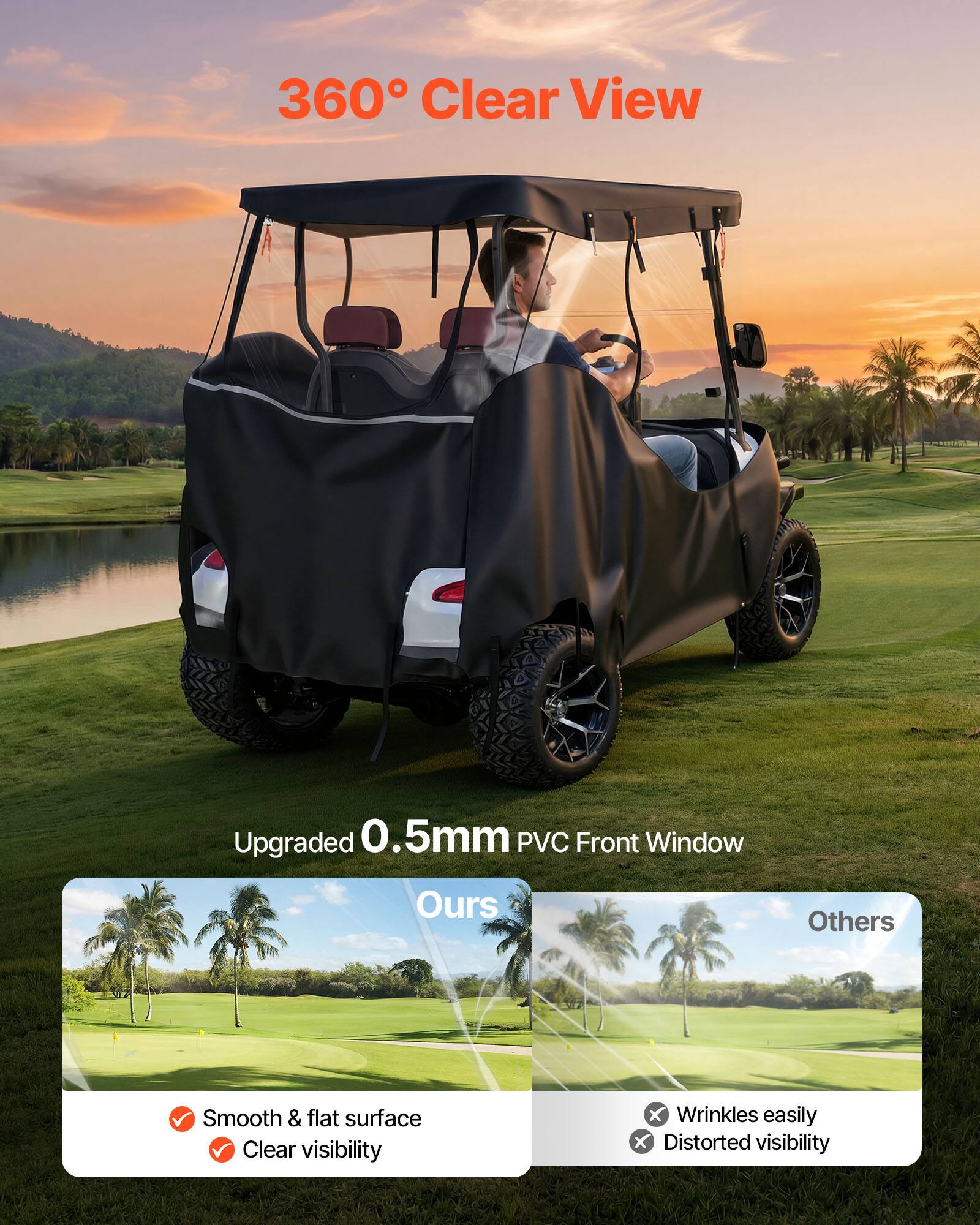 360° Clear View  
Upgraded 0.5mm PVC Front Window  

Ours  
- Smooth & flat surface  
- Clear visibility  

Others  
- Wrinkles easily  
- Distorted visibility
