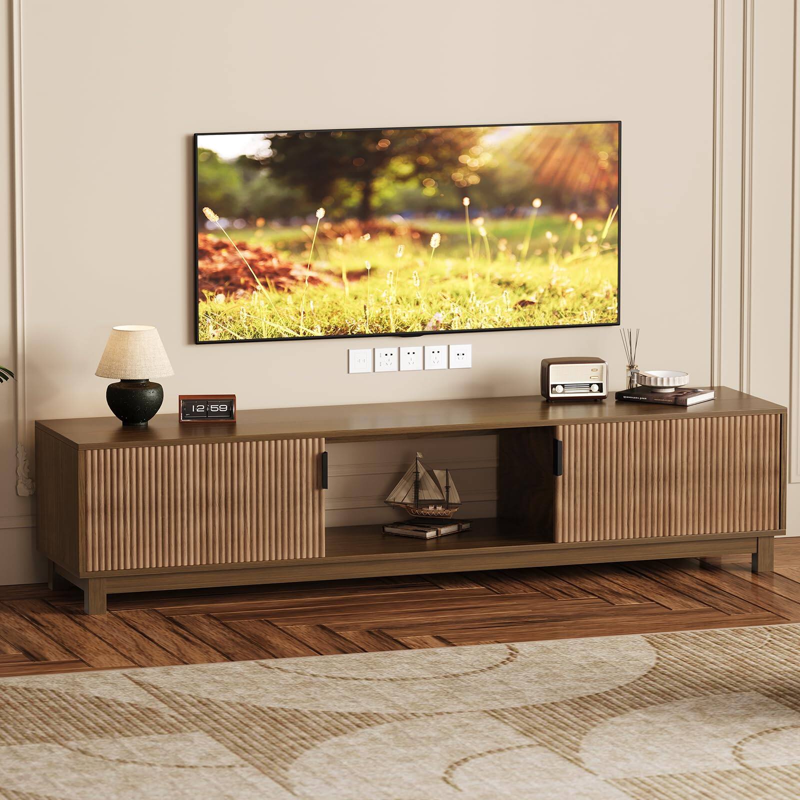 Front. GAOMON - GAOMON 70" Fluted TV Stand for 80" TVs, Mid-Century Modern Entertainment Center with Open Storage - Brown.