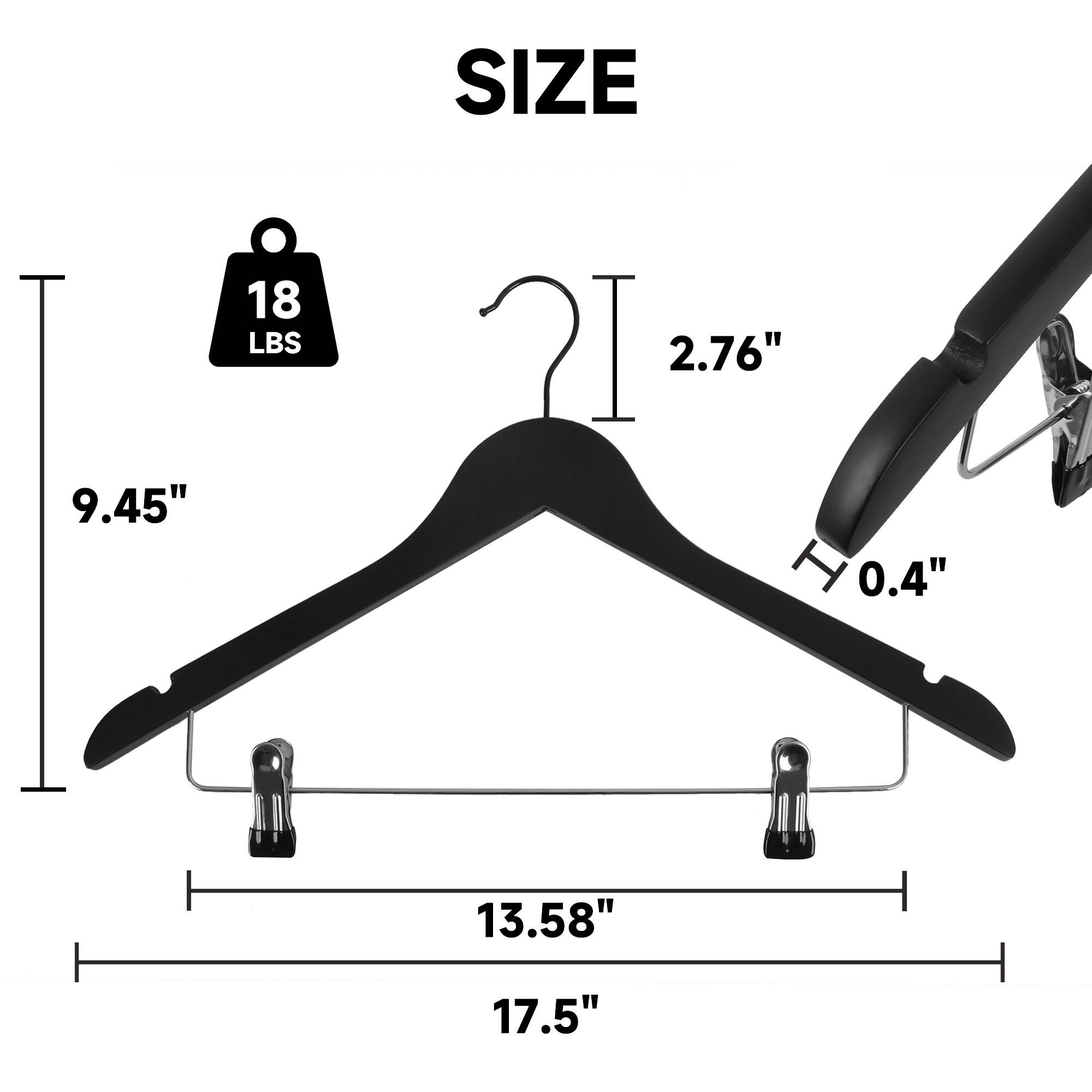 Sure, here is the corrected and grouped text from the image:

- **Size:**
  - **Weight:** 18 LBS
  - **Height:** 9.45"
  - **Width:** 17.5"
  - **Depth:** 13.58"
  - **Hanger Arm Length:** 2.76"
  - **Hanger Arm Thickness:** 0.4"