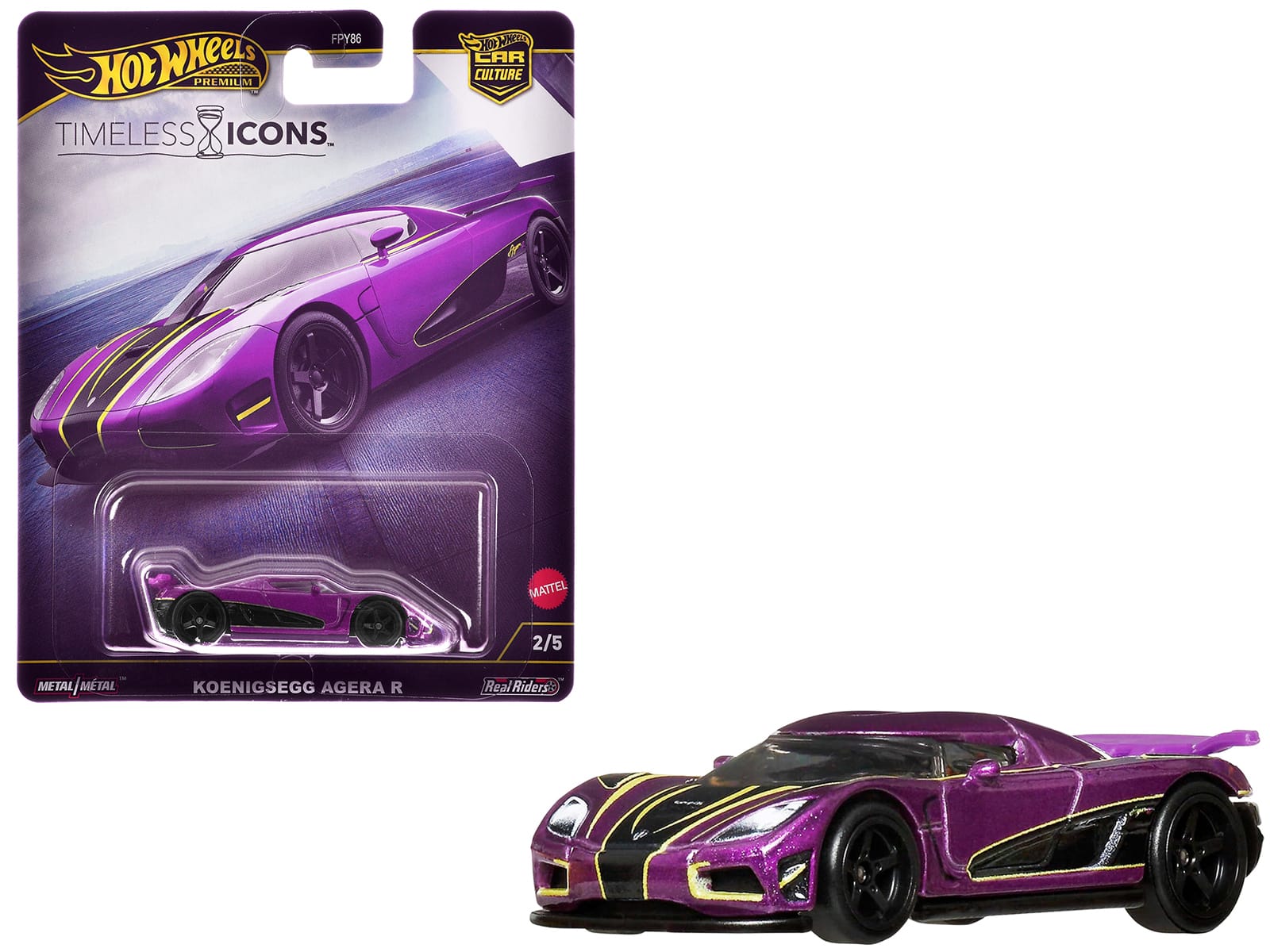 Koenigsegg Agera R Purple Metallic with Black and Yellow Stripes "Timeless Icons" Series Diecast Model Car by Hot Wheels - Purple Metallic with Black, Yellow