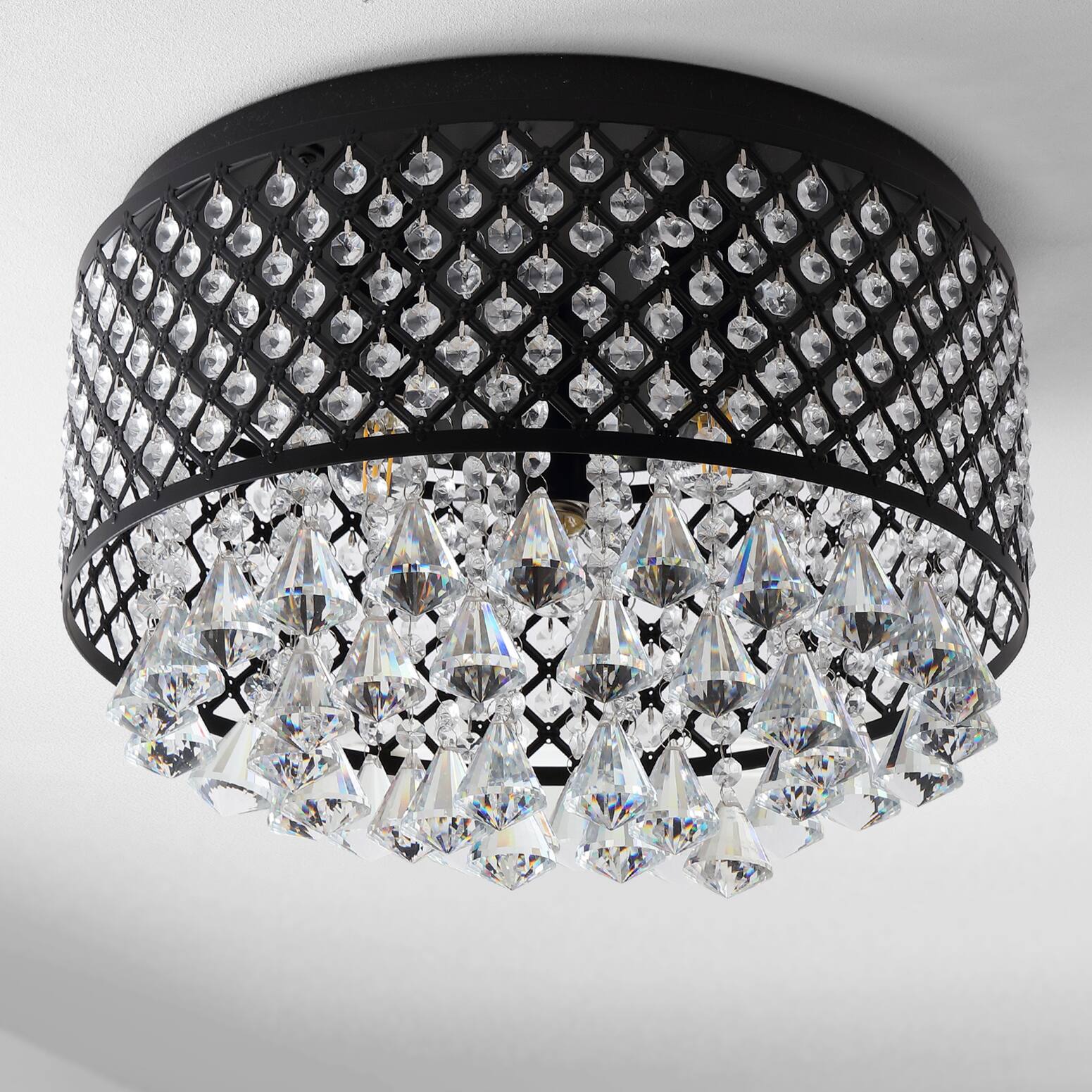 Alt View 5. Jonathan Y - Evelyn 17" 3-Light Crystal Drops/Metal ,LED Flush Mount, Black - Black/Clear.