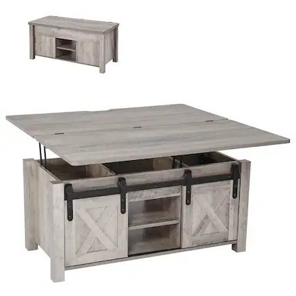 Front. VEVOR - 39.4 in Farmhouse Lift Top Coffee Table, Rustic Center Table with Barn Door and Hidden Storage Compartment - Rustic Oak.