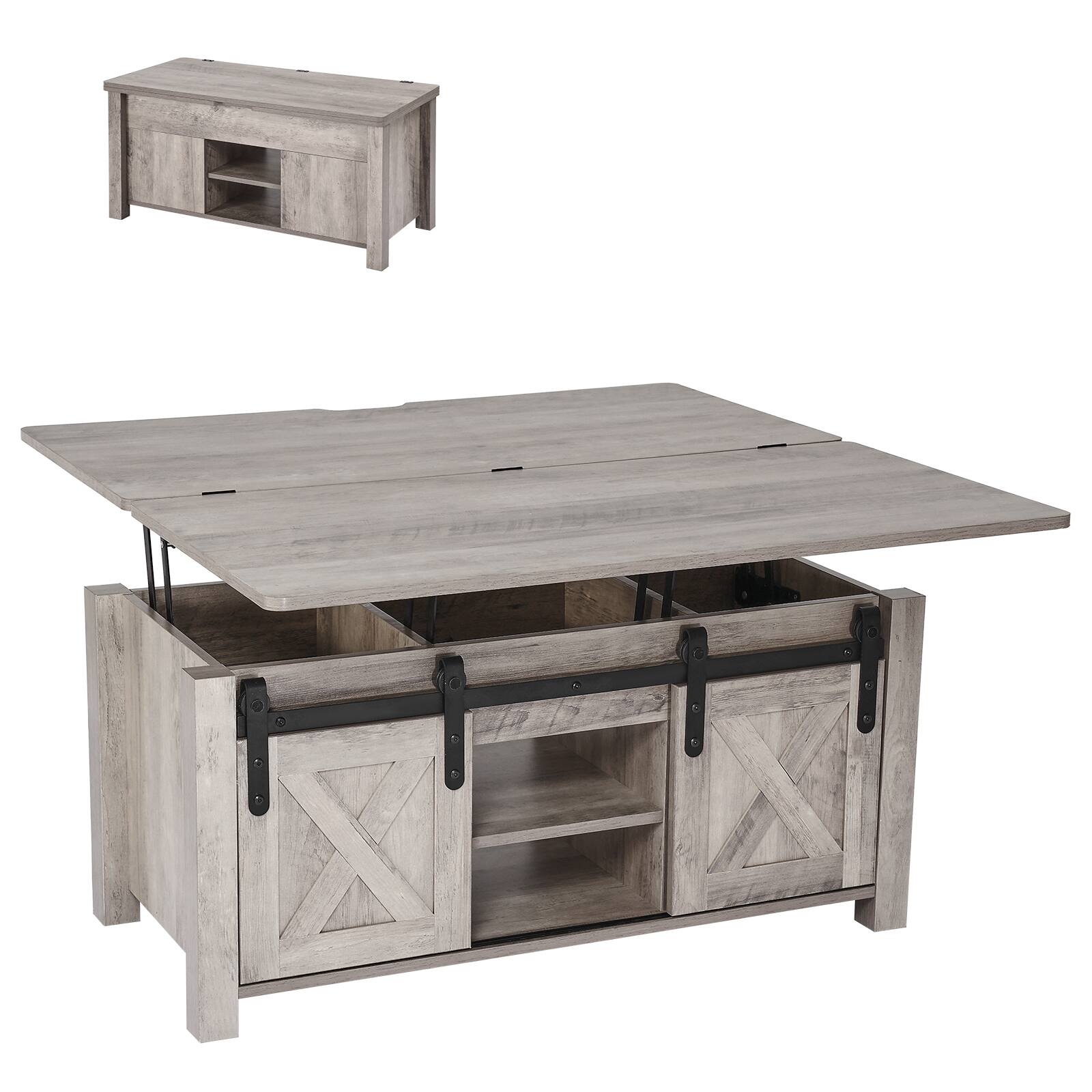 VEVOR - 39.4 in Farmhouse Lift Top Coffee Table, Rustic Center Table with Barn Door and Hidden Storage Compartment - Rustic Oak