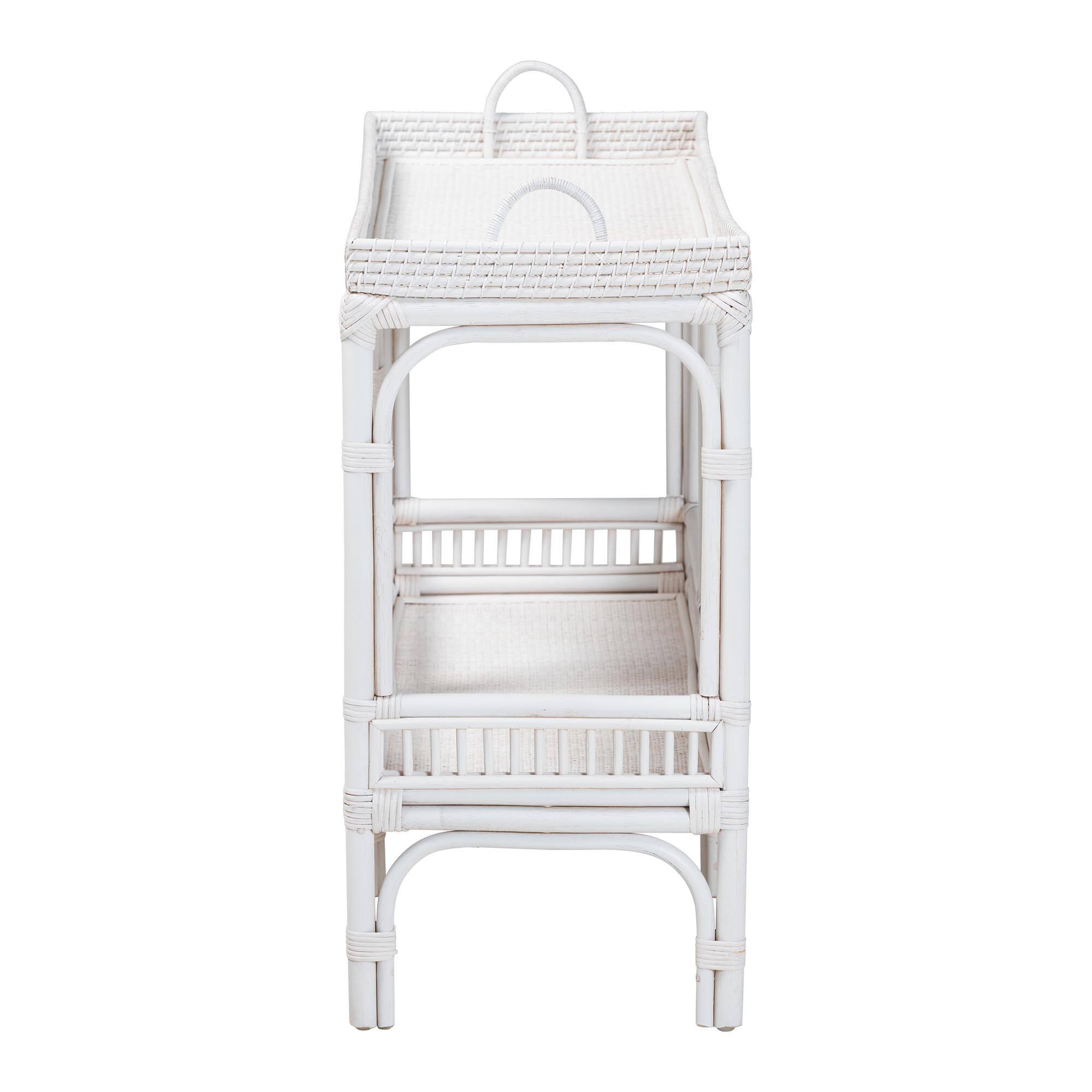 Left. bali & pari - Lombok Natural Rattan Console Table - Handwoven Wicker 2-Tier Accent Table with Raised Tray Top - White.