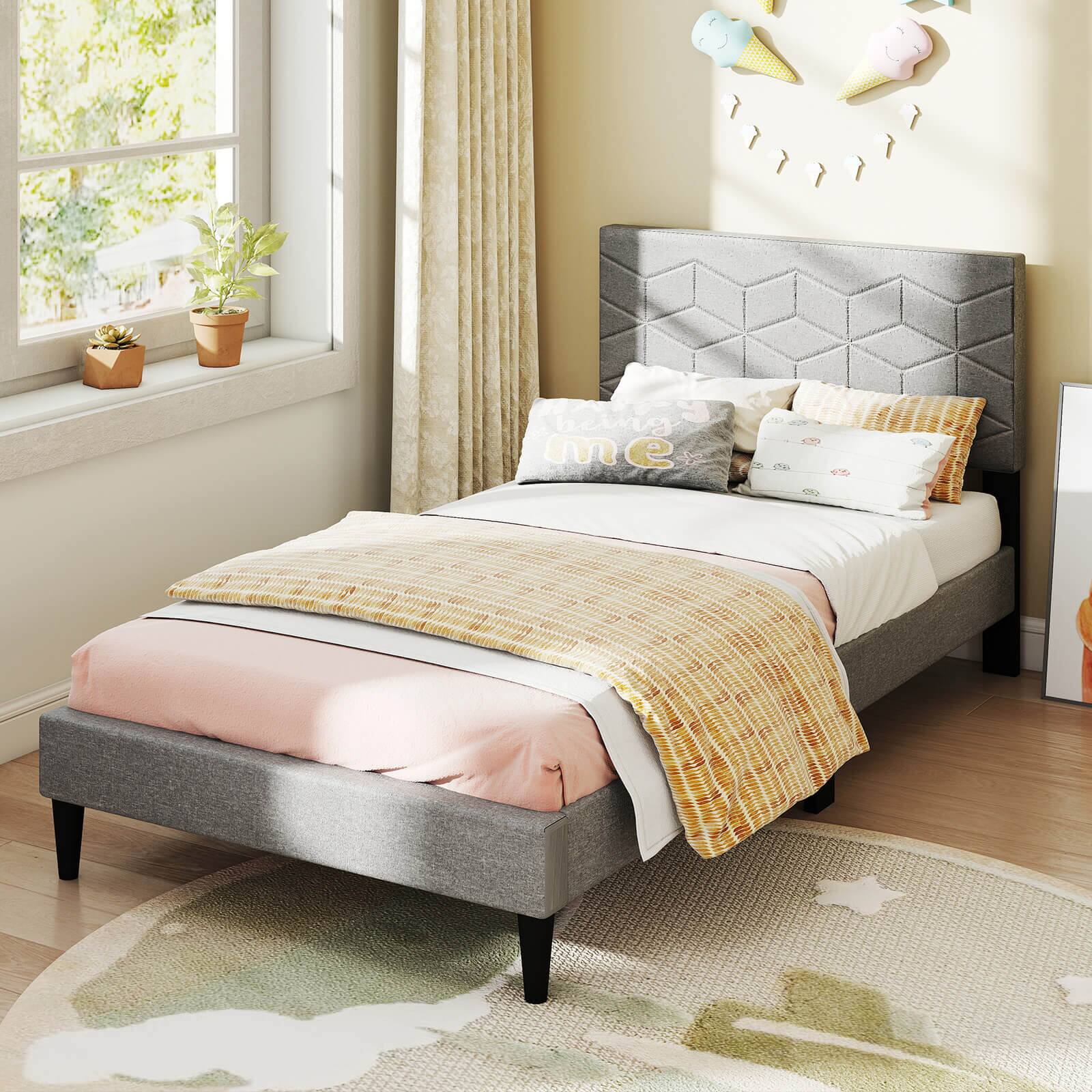 Alt View 4. Costway - Costway Twin Size Bed Frame with Linen Fabric Upholstered Headboard & Wooden Slat Support - Gray.