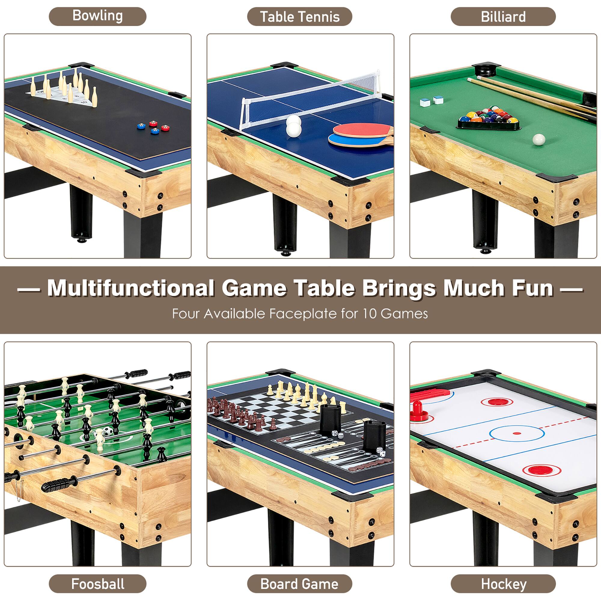 Multifunctional Game Table Brings Much Fun - Four Available Faceplate for 10 Games Foosball, Board Game, Hockey, Table Tennis.