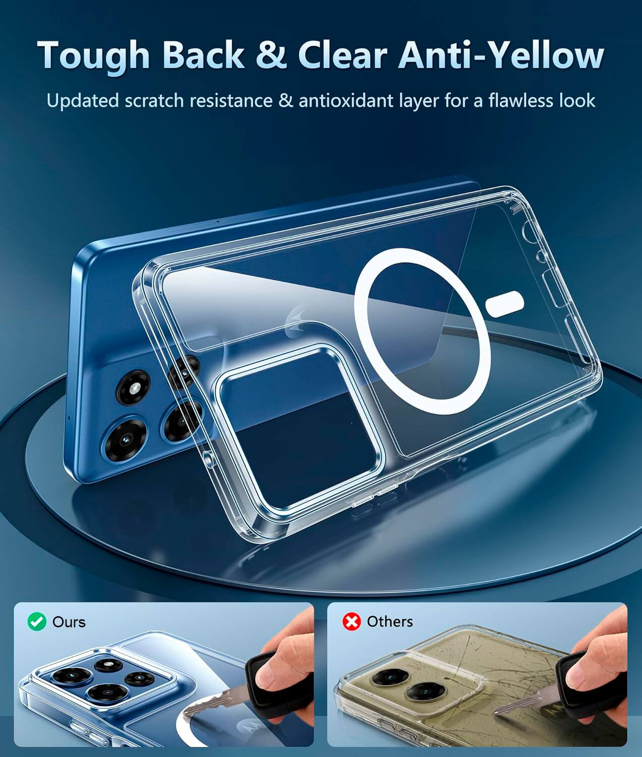 Tough Back & Clear Anti-Yellow  
Updated scratch resistance & antioxidant layer for a flawless look  

Ours  
Others