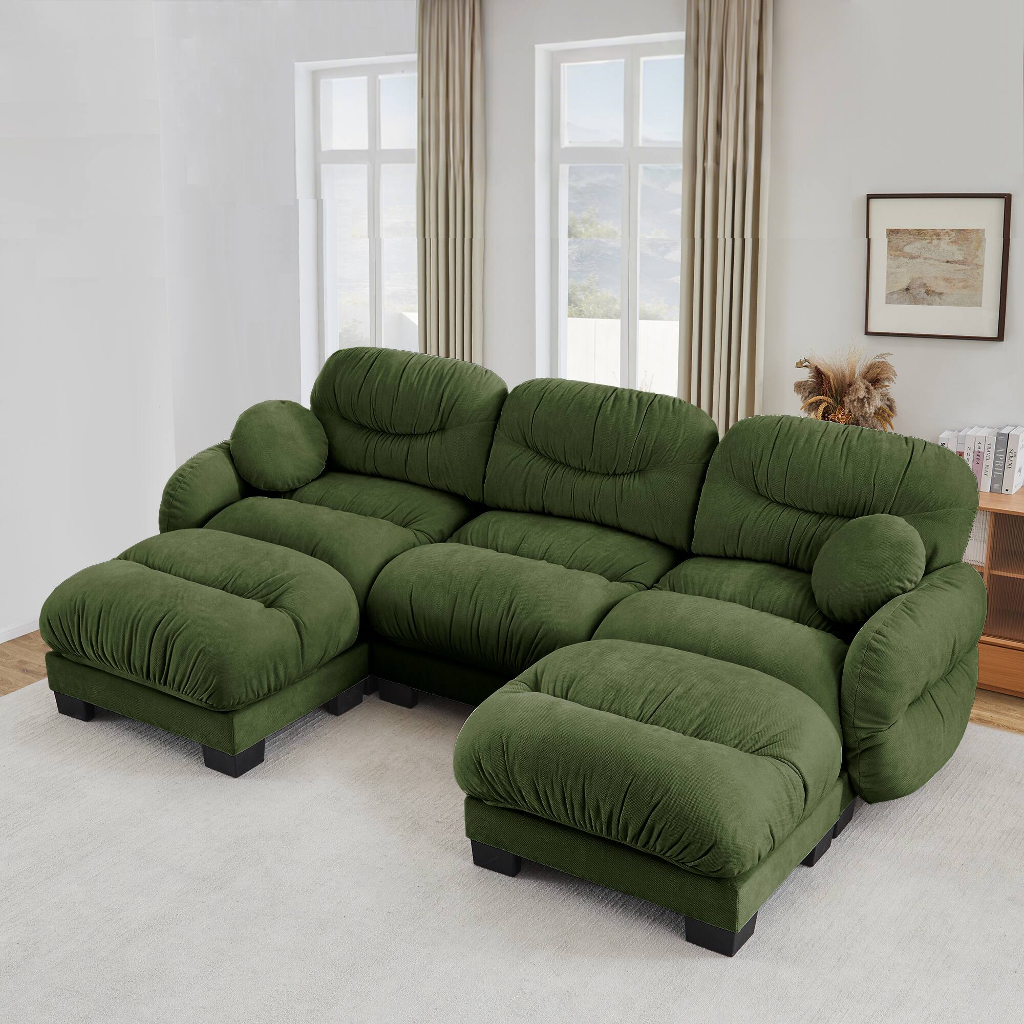 Angle. Anysun - 3-Seater U Shape Sectional Couch with 2 Ottomans, Chenille Fabric, High-Density Foam & Curved Armrests for Living Room - Green.
