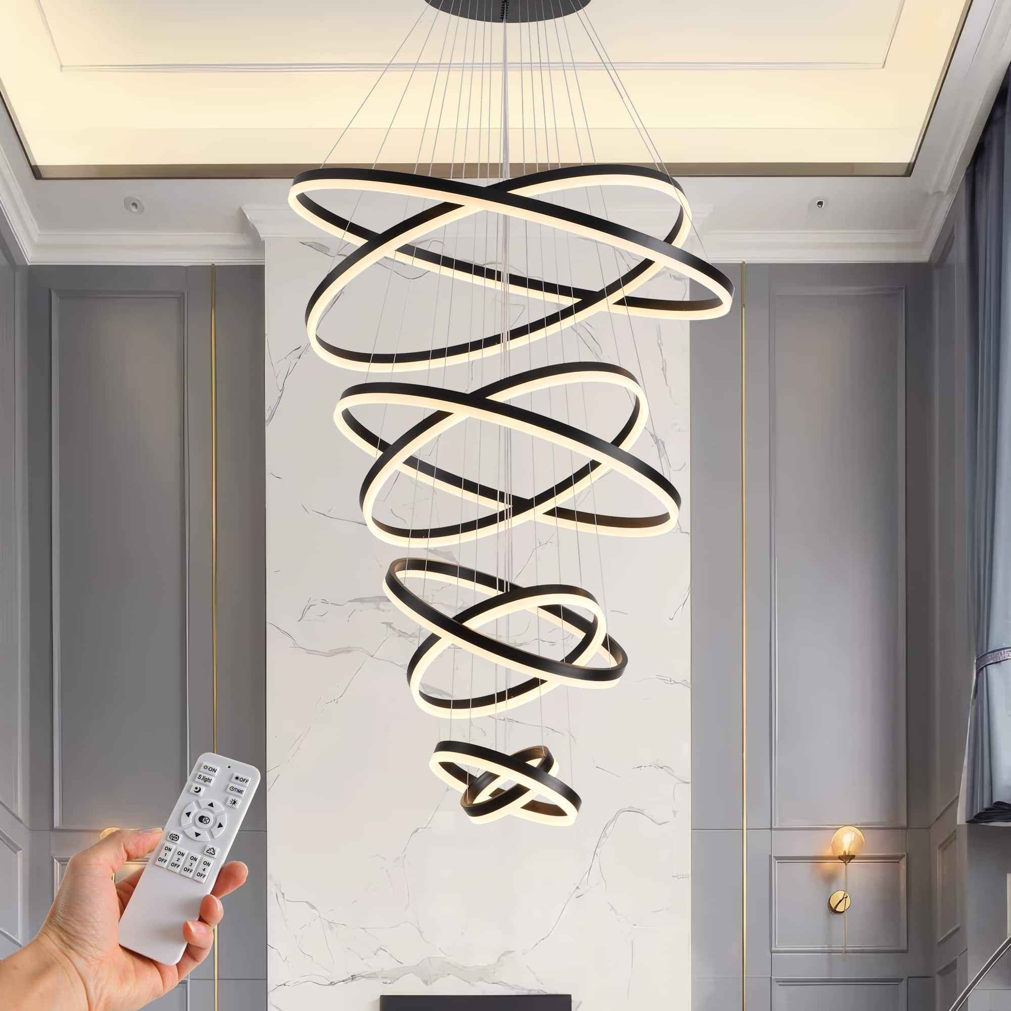 RYHNUYNE - Modern 8-Ring LED Chandelier with Remote Adjustable Height Dimmable Ceiling Light for High Ceilings Living Room Foyer