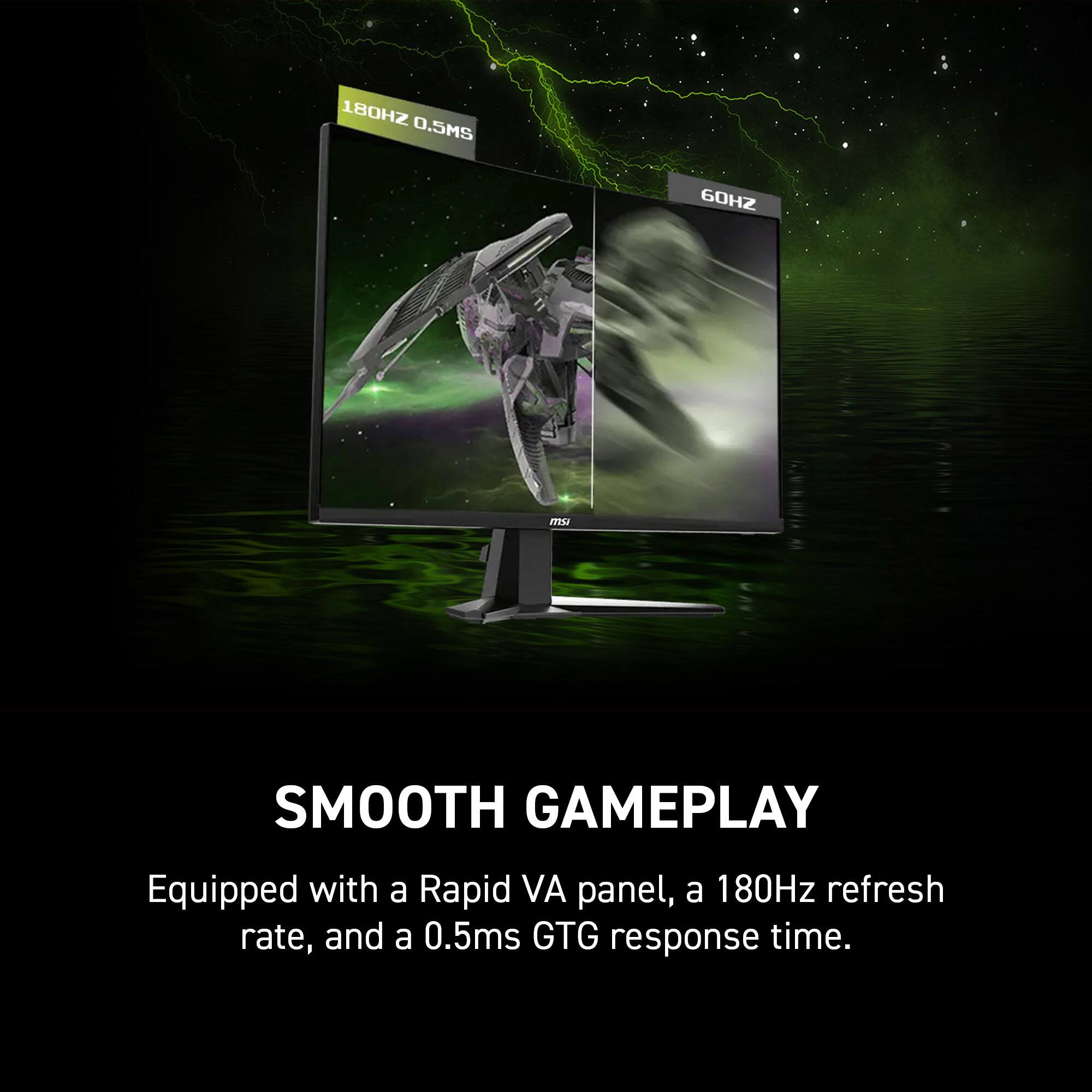 The text on the image reads: "Smooth Gameplay. Equipped with a Rapid VA panel, a 180Hz refresh rate, and a 0.5ms GTG response time."