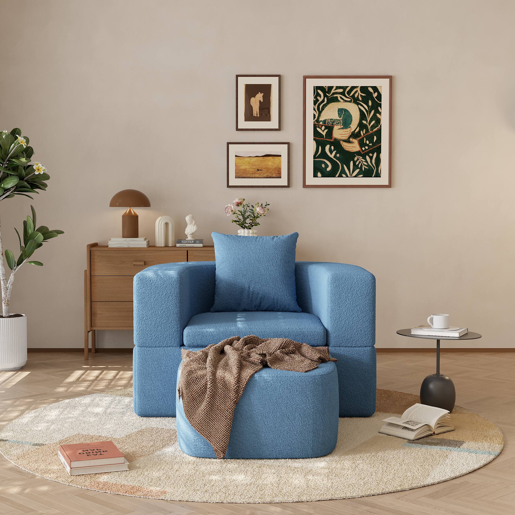 Left. Yardgrace - Boneless Sofa Chair Lounge Chair for Living Room, Modern Convertible Upholstered Sofa, Comfy Sherpa Leisure Couch - Blue.