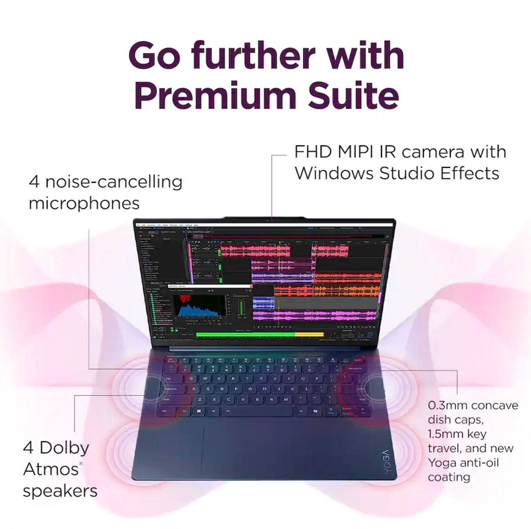 Go further with Premium Suite

4 noise-cancelling microphones

FHD MIPI IR camera with Windows Studio Effects

4 Dolby Atmos speakers

0.3mm concave dish caps, 1.5mm key travel, and new Yoga anti-oil coating