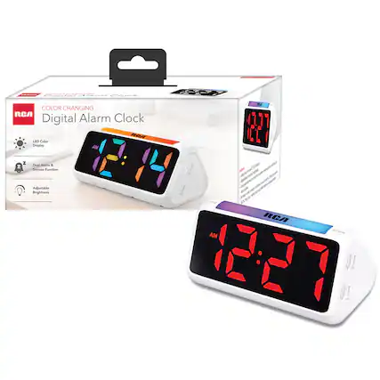 COLOR CHANGING Digital Alarm Clock
RCA LED Color Display
Dual Alarm & Snooze Function
Adjustable Brightness
LIGHT AM
2018 RCA