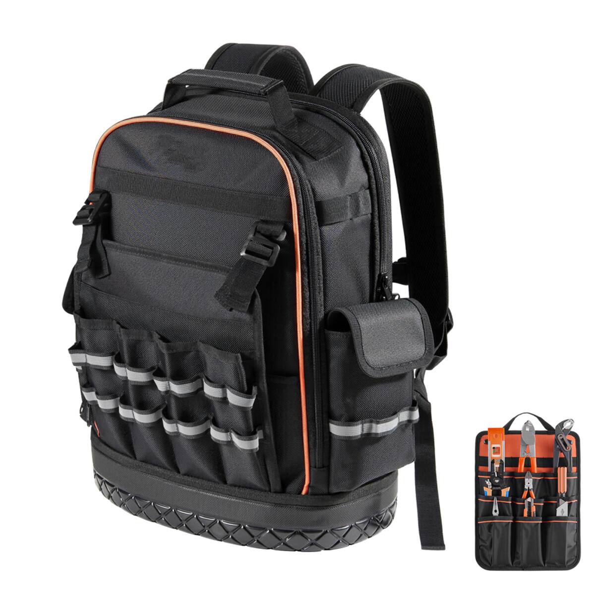 Alt View 2. HTUTWOO - Tool Backpack - 64 Pockets Tear-resistant Jobsite Backpack for Electrician, Heavy Duty Tool Storage, Durable Work Bag - Black+Orange.