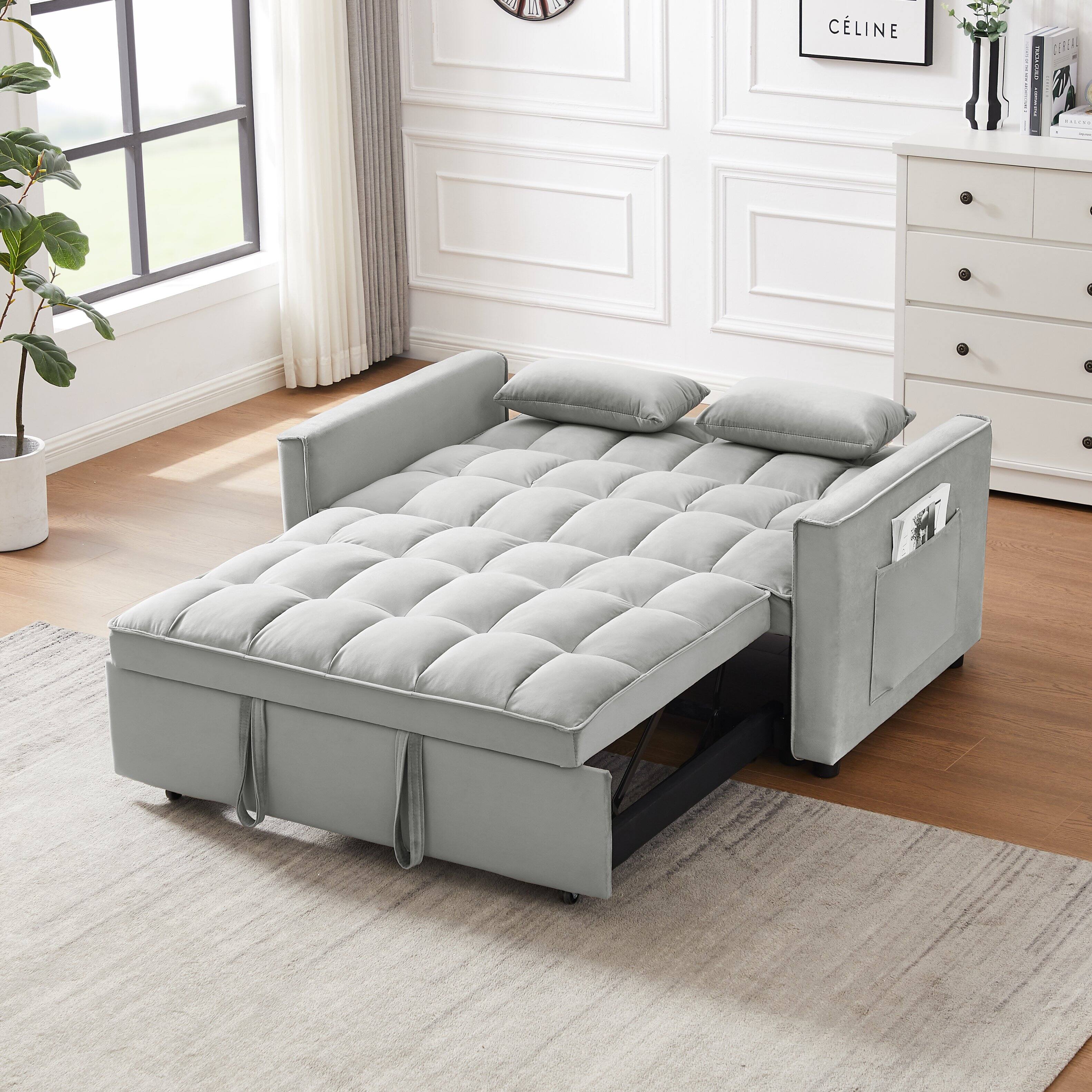 Left. Tiramisubest - 3-in-1 Modern Velvet Sleeper Loveseat,Reclining Backrest,Pullout Bed & Storage Pockets with Pillows for Living Room,Gray - Gray.