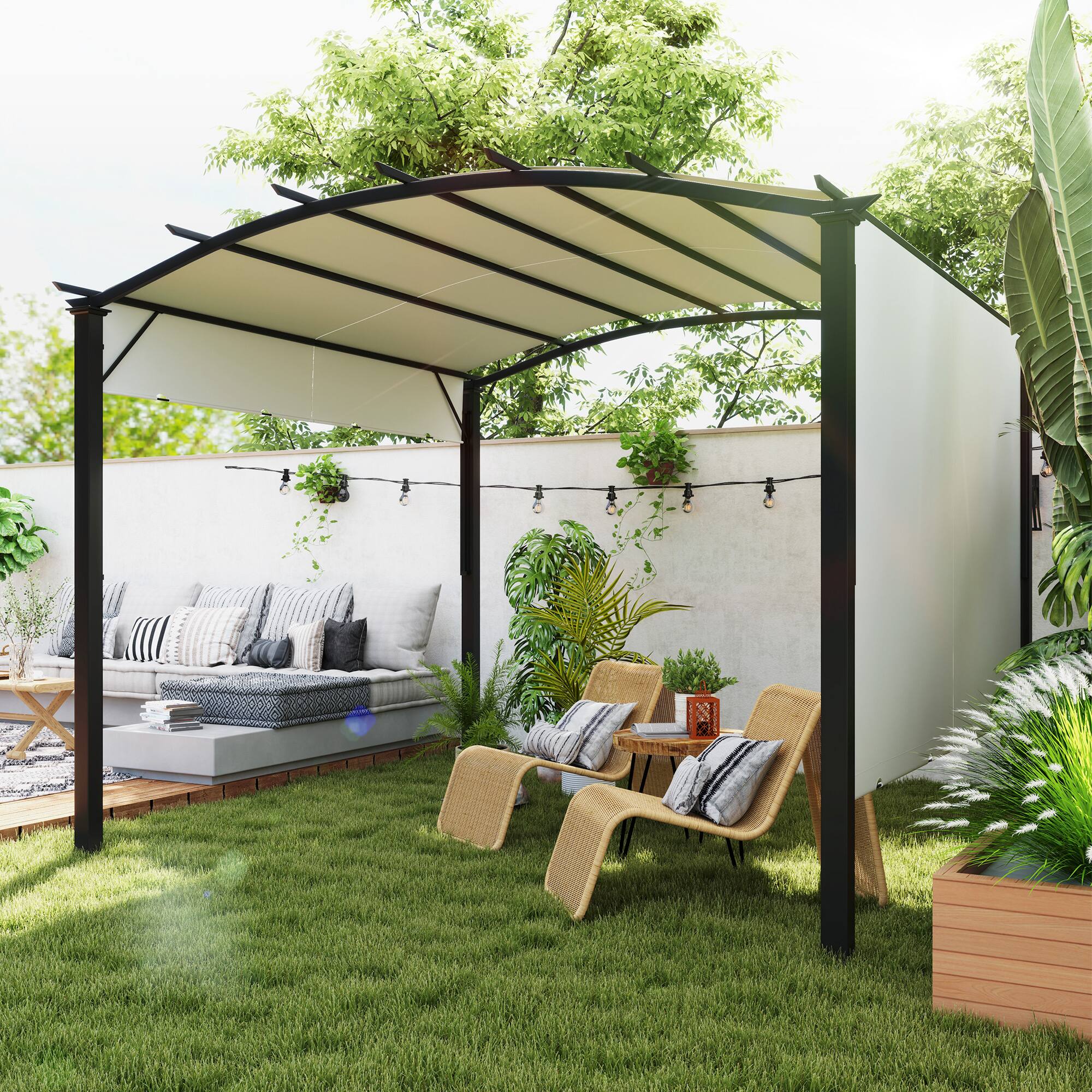 Angle. Outsunny - 11' x 11' Outdoor Retractable Pergola Canopy, Arched Sun Shade Shelter, Metal Frame Patio Canopy for Backyard - Beige.