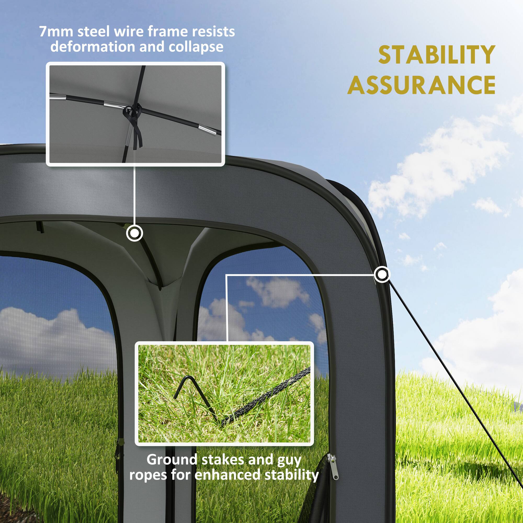 7mm steel wire frame resists deformation and collapse, Ground stakes and guy ropes for enhanced stability, STABILITY ASSURANCE