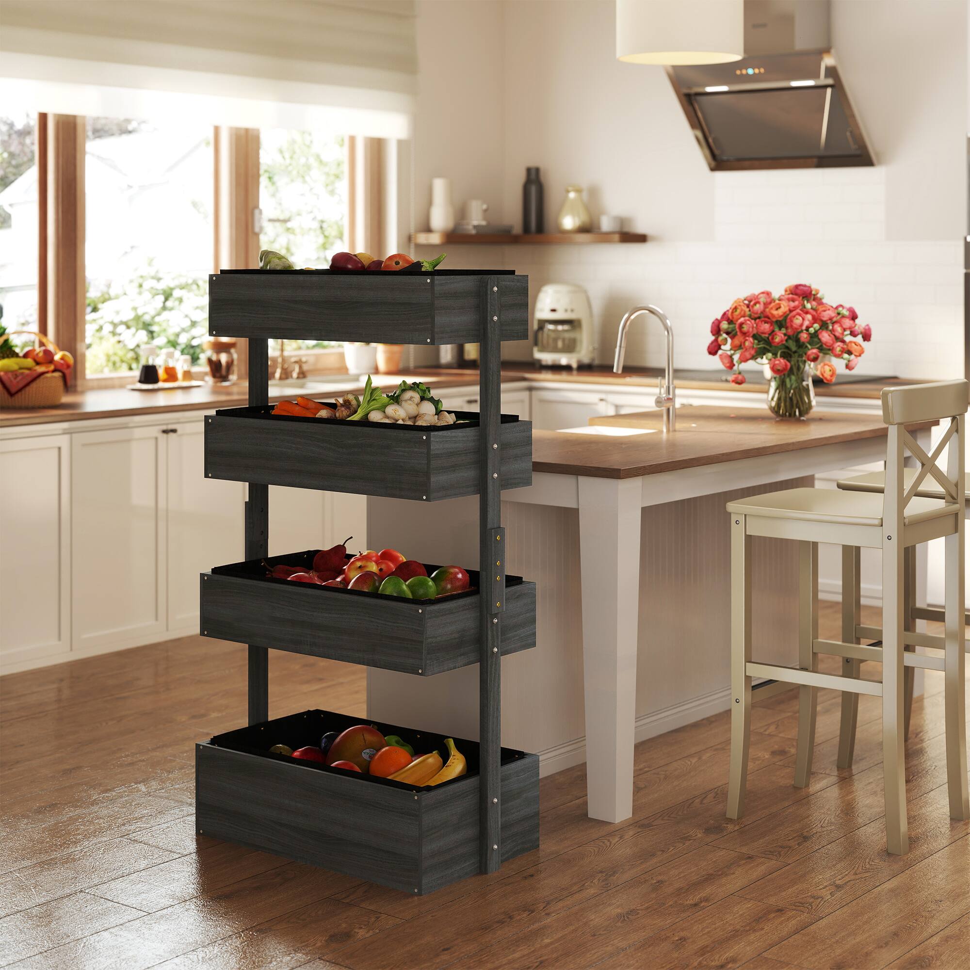 Alt View 7. Outsunny - Vertical 4 Tier Raised Garden Bed, Wooden Planter Box, Self-Draining with Bed Liner for Indoor Outdoor Flowers - Gray.