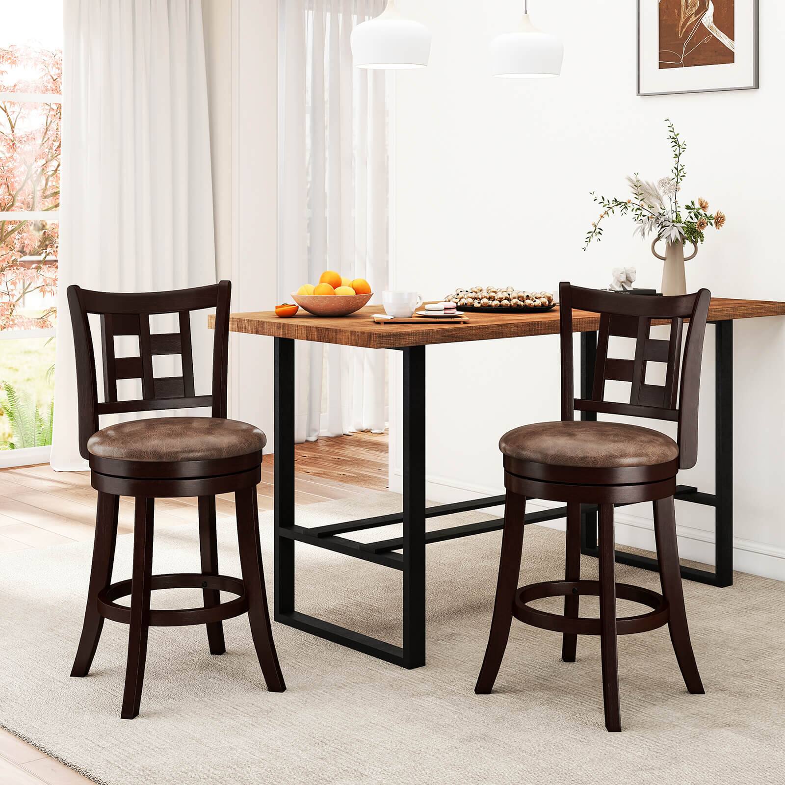 Alt View 1. Costway - Costway Set of 2 Bar Stools 26" Swivel Bar Chairs with Footrest, Lattice Backrest - Coffee & Brown.