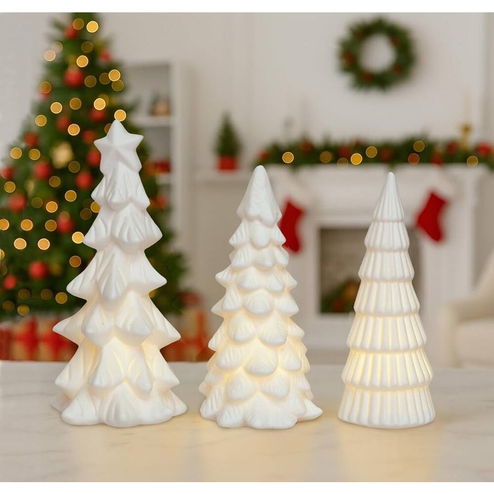 Back. RTMB - 3-Piece Lighted Ceramic Christmas Tree Set for Tabletop, Mantel, Shelf, Fireplace Holiday Decorations - White.