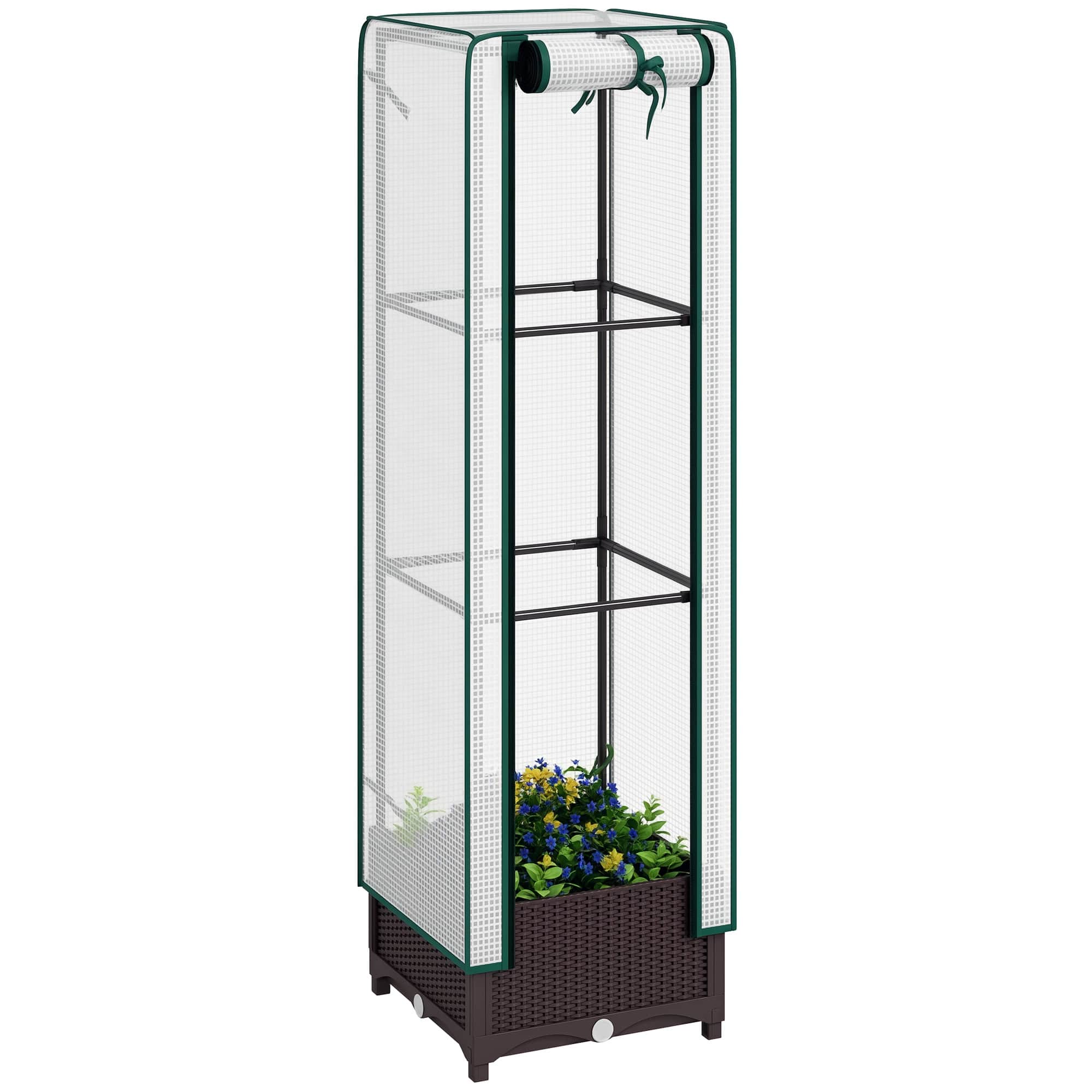 Outsunny - Bed with Trellis, Outdoor Plant Box with PE Cover, Drainage Holes and Zipper Door - Brown