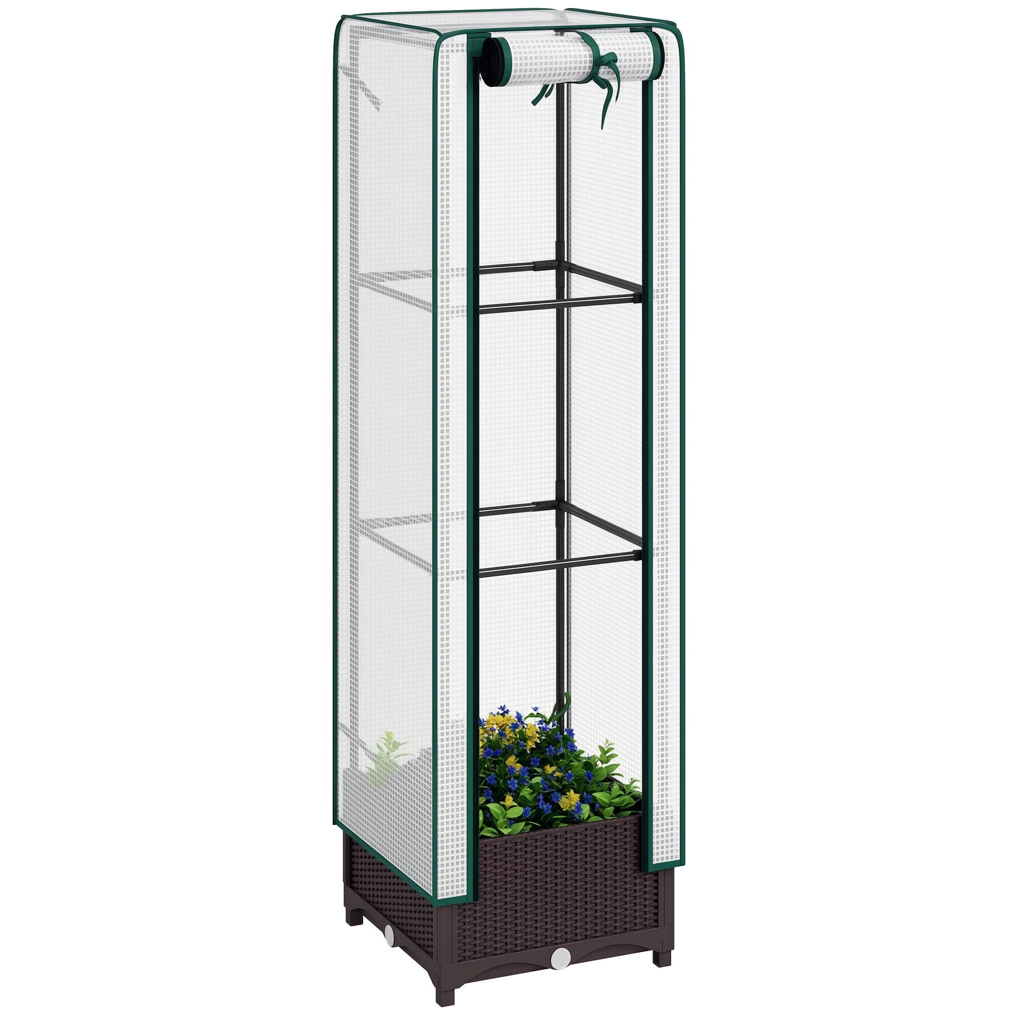 Front. Outsunny - Bed with Trellis, Outdoor Plant Box with PE Cover, Drainage Holes and Zipper Door - Brown.