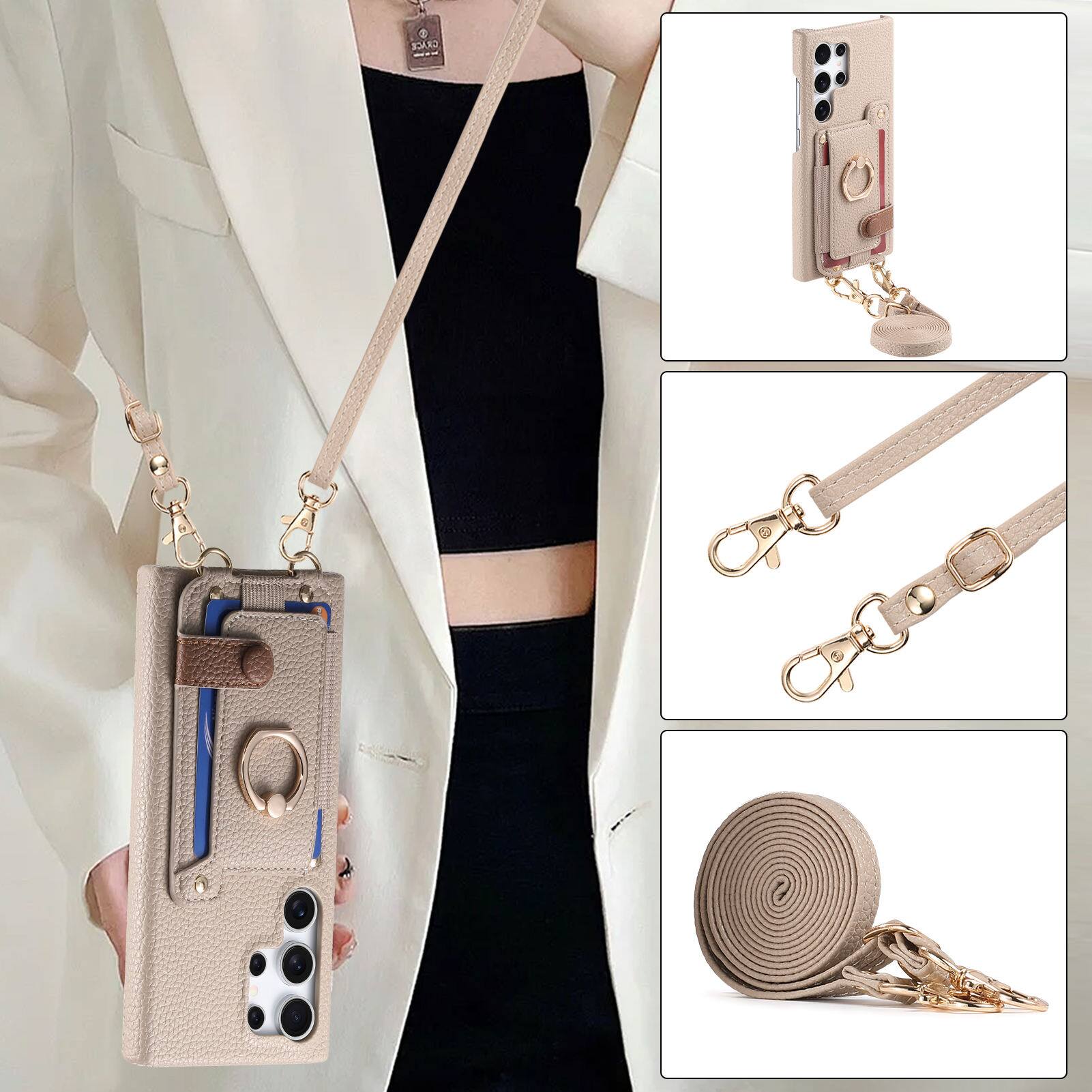 Alt View 5. Dteck - Lychee Texture Wallet Case for Samsung Galaxy S24 Ultra with Ring Stand,Crossbody Faux Leather Cover with Card Holder - Khaki.