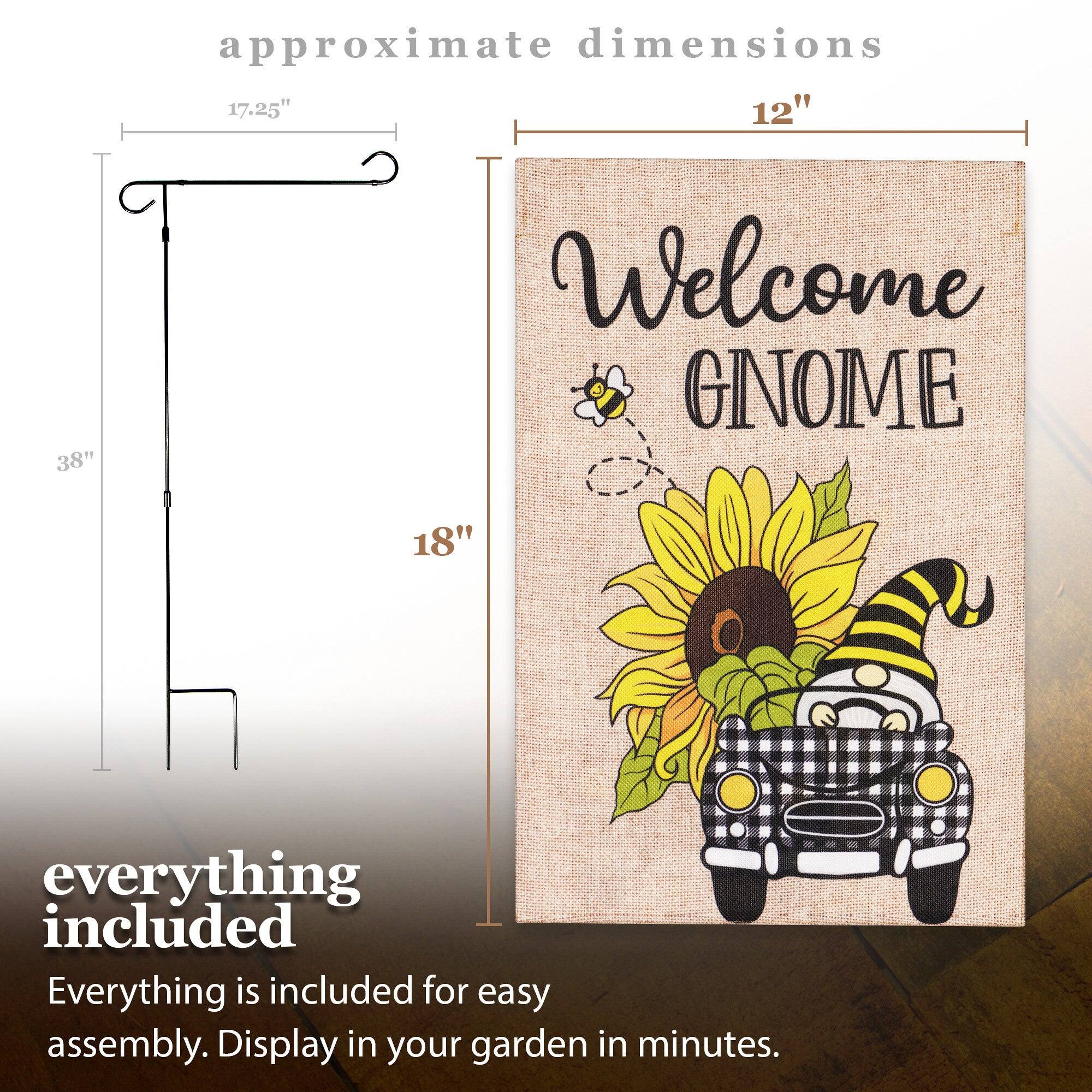 approximate dimensions 17.25" 12" 38" 18"  
Welcome GNOME  
everything included  
Everything is included for easy assembly. Display in your garden in minutes.