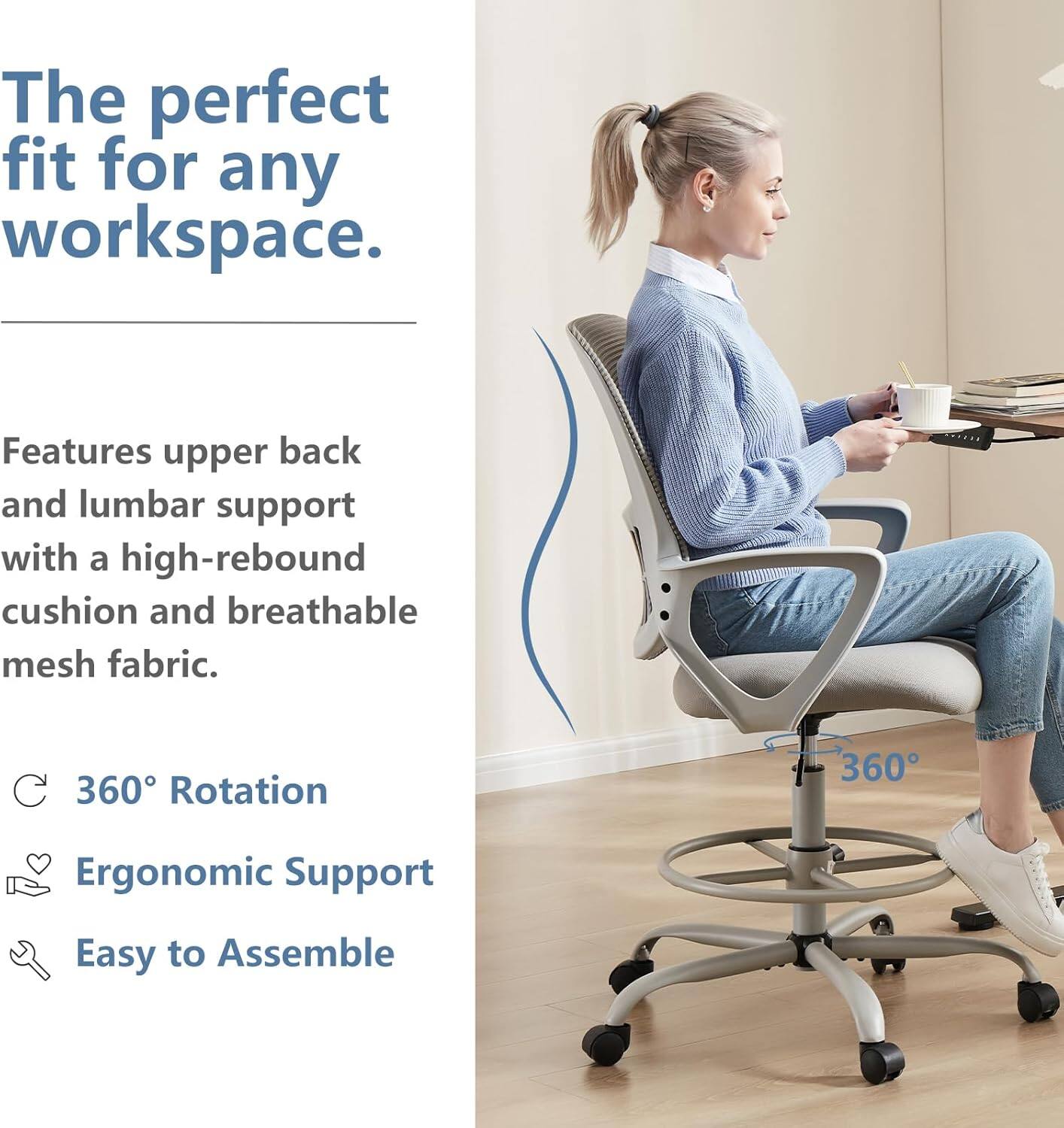 The perfect fit for any workspace.

Features upper back and lumbar support with a high-rebound cushion and breathable mesh fabric.

- 360° Rotation
- Ergonomic Support
- Easy to Assemble