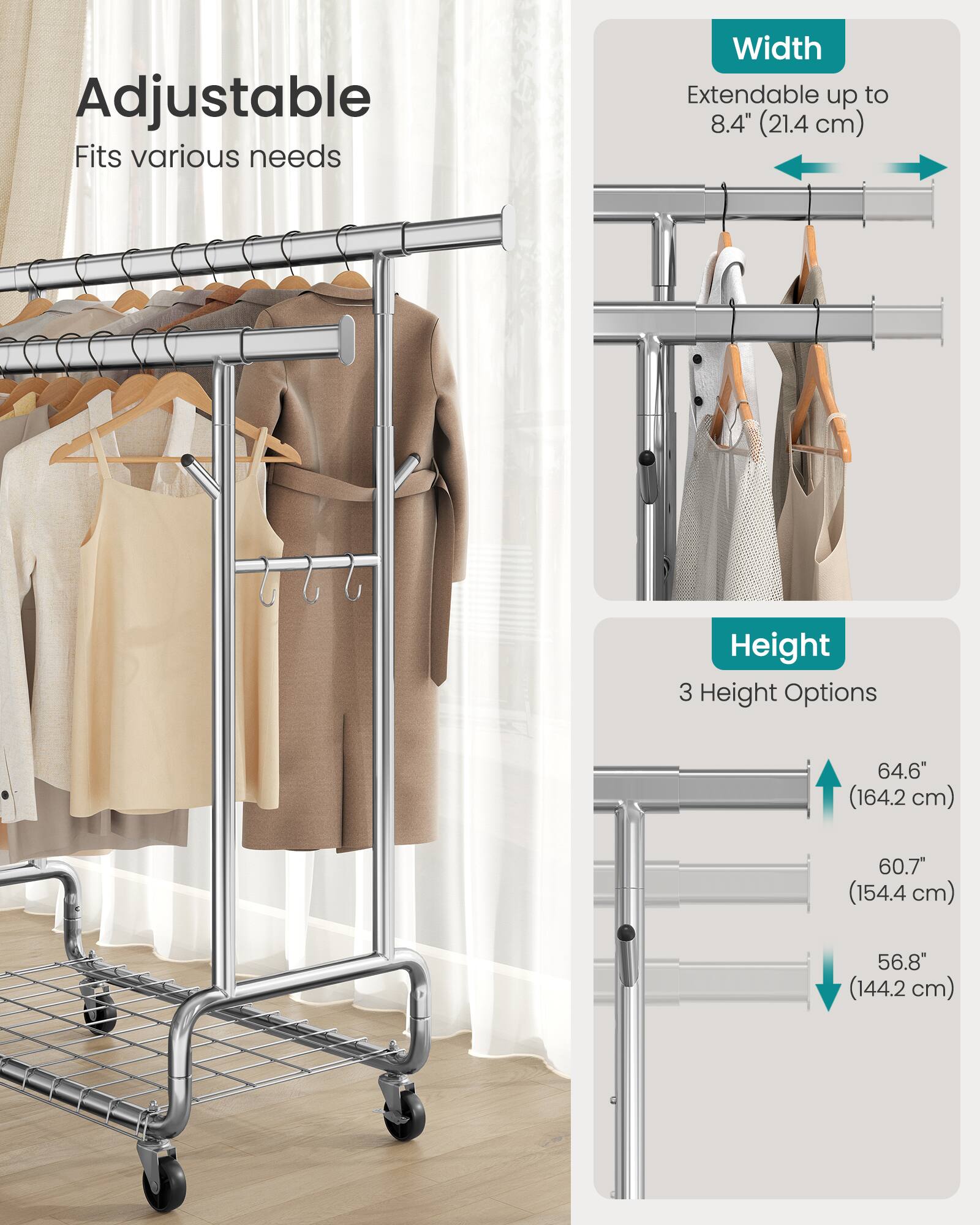 Adjustable  
Fits various needs  

Width  
Extendable up to 8.4" (21.4 cm)  

Height  
3 Height Options  
64.6" (164.2 cm)  
60.7" (154.4 cm)  
56.8" (144.2 cm)