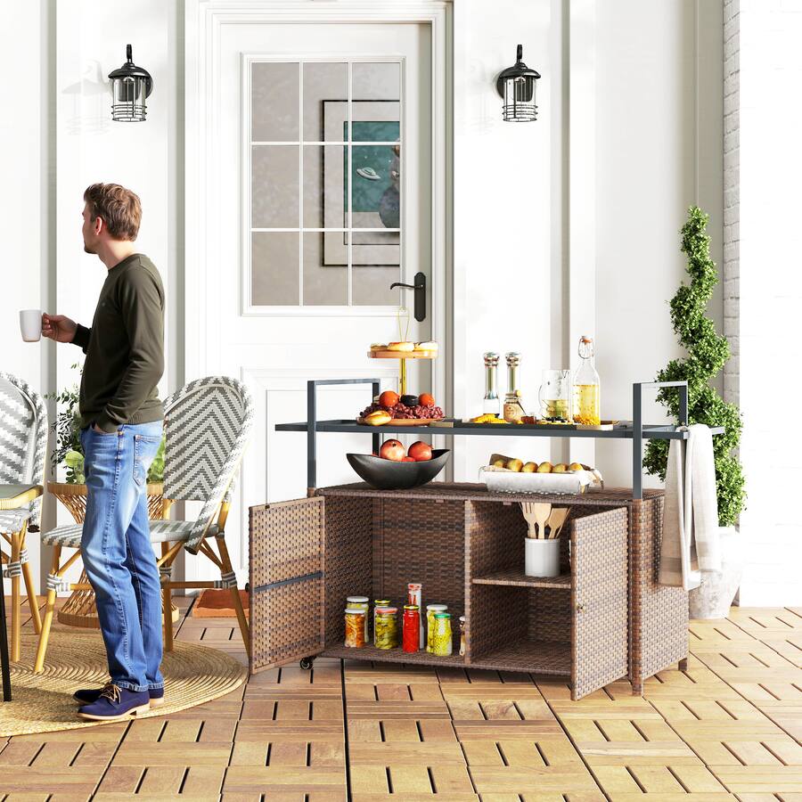 Outsunny PE Rattan Outdoor Storage Cabinet, Wicker Outdoor Bar
