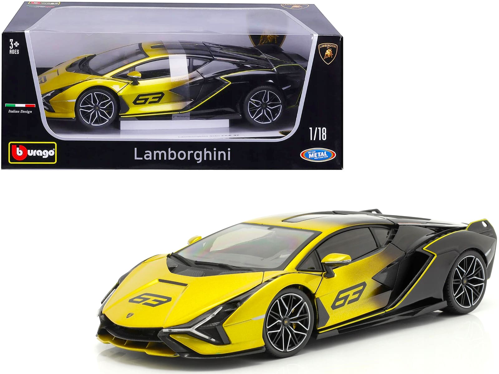 Lamborghini Sian FKP 37 #63 Yellow Metallic and Black 1/18 Diecast Model Car by Bburago price history on PriceWatchPro