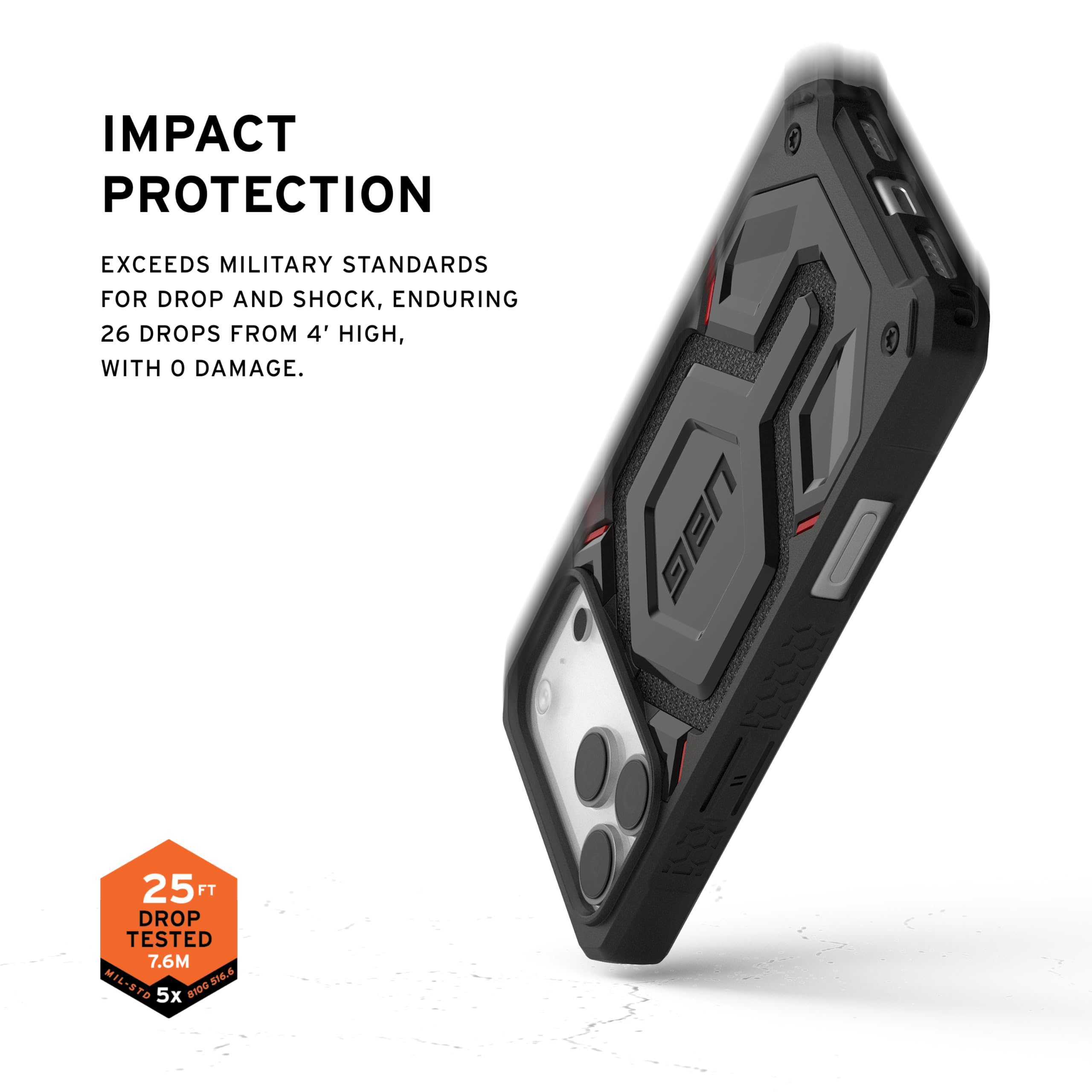IMPACT PROTECTION

EXCEEDS MILITARY STANDARDS FOR DROP AND SHOCK, ENDURING 26 DROPS FROM 4' HIGH, WITH 0 DAMAGE.

25 FT DROP TESTED 7.6M

MIL-STD 8100.536.6

16.6 TD

5x 81D