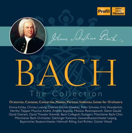 Edition Profil
Günter Hänssler
Johann Sebastian Bach
BACH
The Collection
Oratorios, Cantatas, Concertos, Masses, Partitas, Sinfonias, Suites for Orchestra
Emma Kirkby, Christa Ludwig, Dietrich Fischer-Dieskau, Peter Schreier, Fritz Wunderlich, Hertha Töpper, Maurice André, Andrés Segovia, Mstislav Rostropovich, Glenn Gould, David Oistrach, David Theodor Schmidt, Bach-Collegium Stuttgart, München Bach-Chor, München Bach-Orchester, Gächinger Kantorei, Gewandhausorchester Leipzig, Bayerisches Staatsorchester, Helmuth Rilling, Karl Richter, Günter Wand