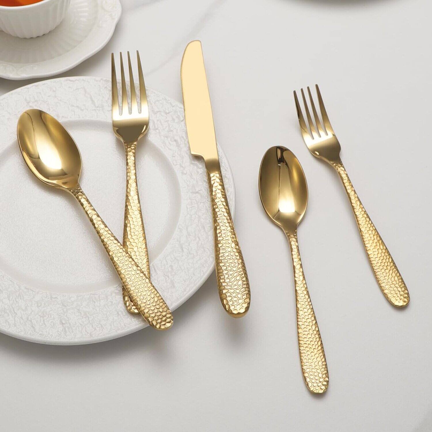 Back. Dazzed Corner - Silverware Set, 40 Piece Stainless Steel Heavy Duty Flatware Set for 8 - Gold.