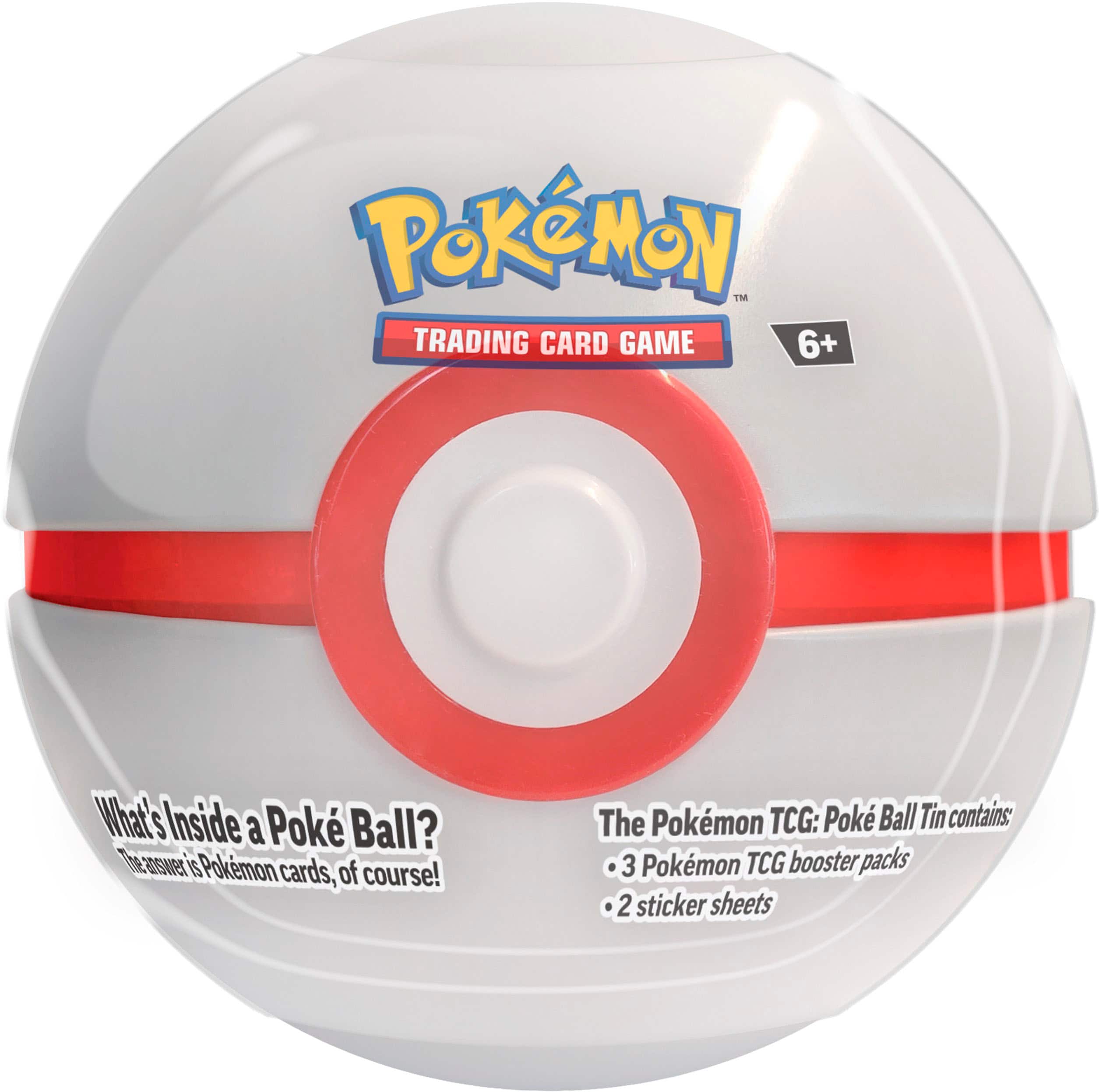 Pokemon TCG Poke Ball Tin contains 3 Pokemon TCG booster packs and 2 sticker sheets.