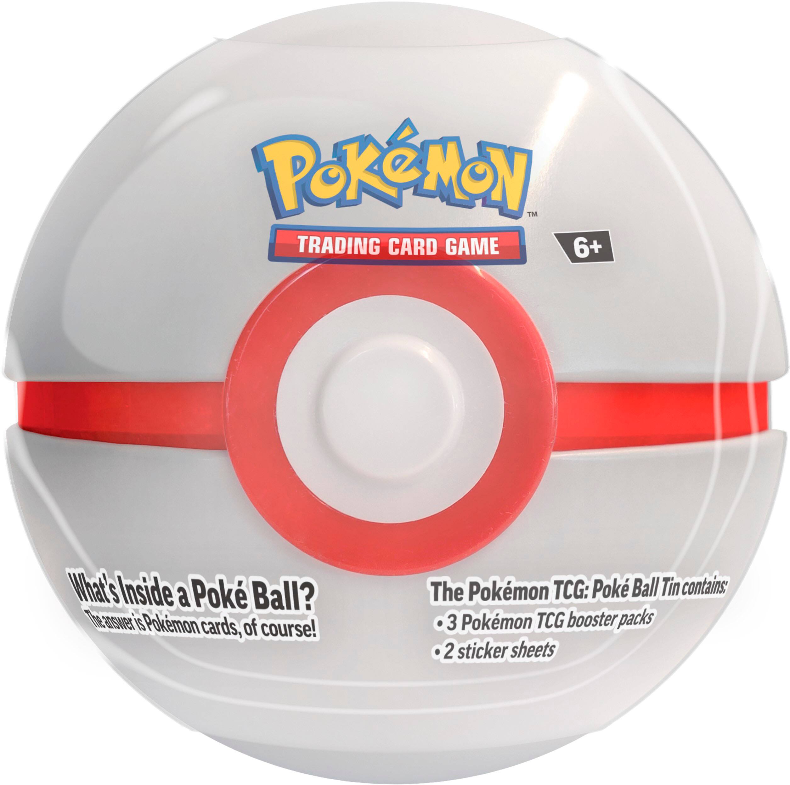 Pokemon TCG Poke Ball Tin contains 3 Pokemon TCG booster packs and 2 sticker sheets.