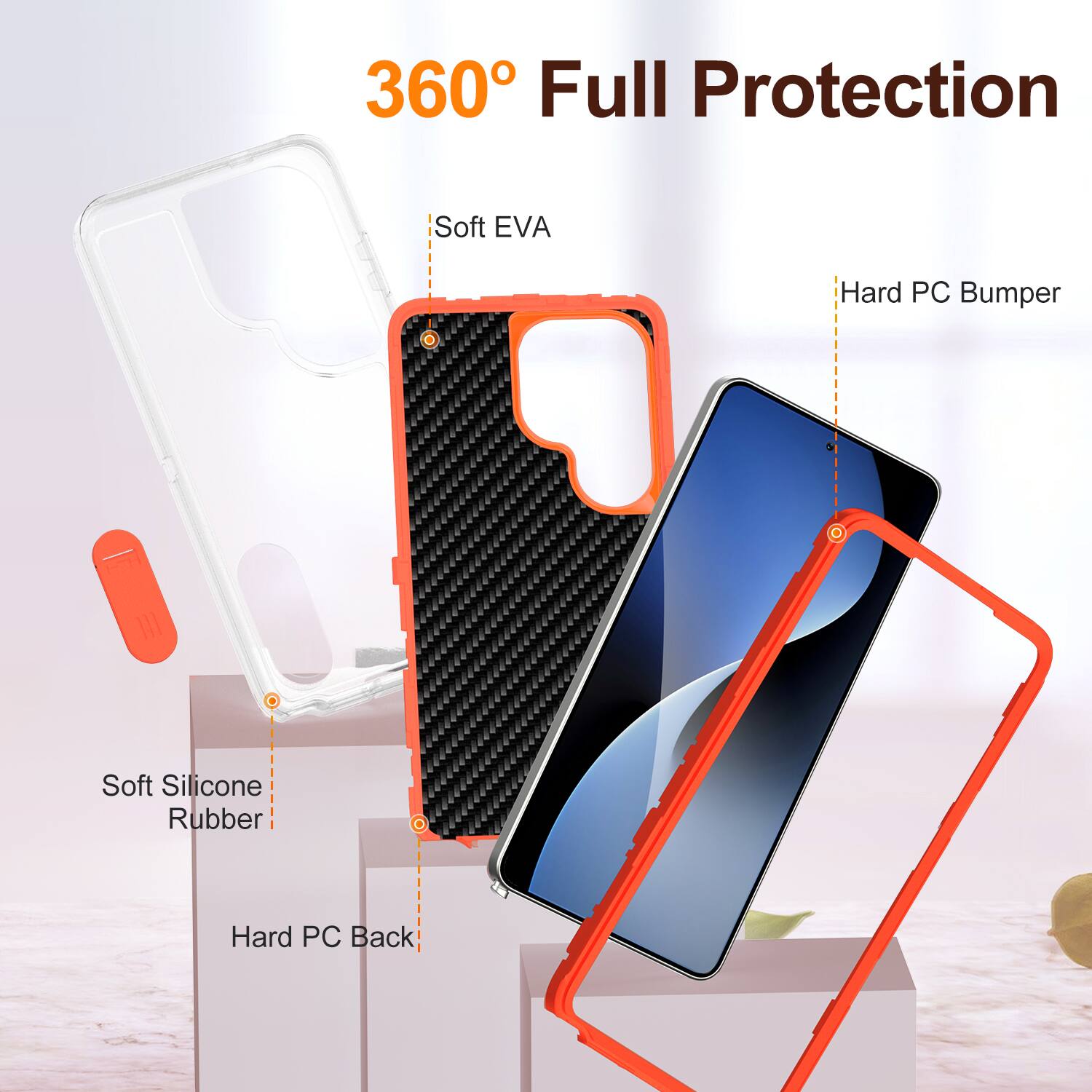 360° Full Protection

- Soft EVA
- Hard PC Bumper
- Soft Silicone Rubber
- Hard PC Back