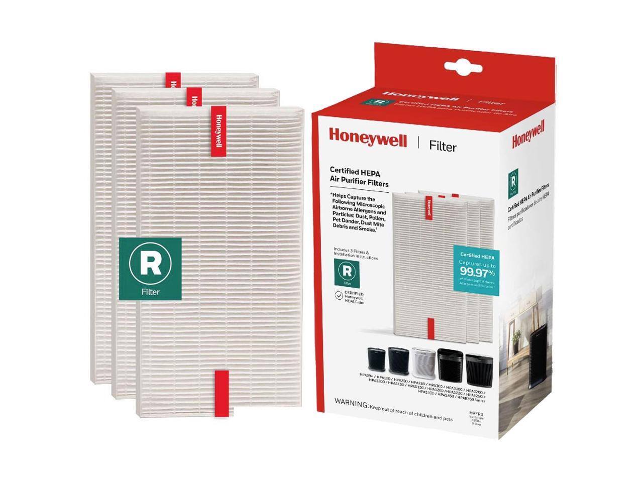 Honeywell Filter  
Honeywell Certified HEPA Air Purifier Filters  
"Helps Capture the Following Microscopic Airborne Allergens and Particles: Dust, Pollen, Dander, Dust Mite Debris and Smoke."  
Includes 3 Filters & Instructions  
Certified HEPA Captures up to 99.97%  
WARNING: Keep out of reach of children and pets  

Honeywell  
Filter  
Certified HEPA Air Purifier Filters  
"Helps Capture the Following Microscopic Airborne Allergens and Particles: Dust, Pollen, Dander, Dust Mite Debris and Smoke."  
Includes 3 Filters & Instructions  
Certified HEPA Captures up to 99.97%  
WARNING: Keep out of reach of children and pets  

Honeywell  
Filter  
Certified HEPA  
Captures up to 99.97%