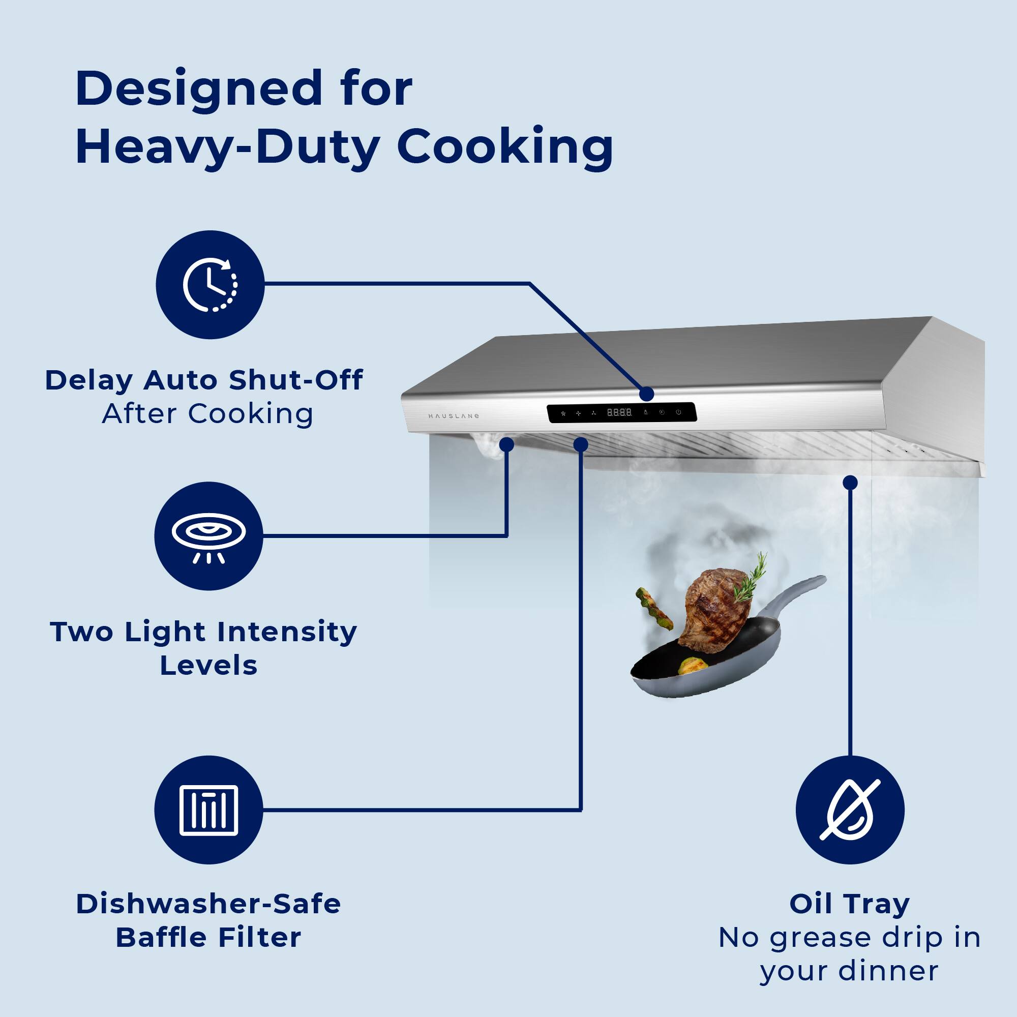 Designed for Heavy-Duty Cooking
Delay Auto Shut-Off After Cooking
Two Light Intensity Levels
Dishwasher-Safe Baffle Filter
Oil Tray No grease drip in your dinner