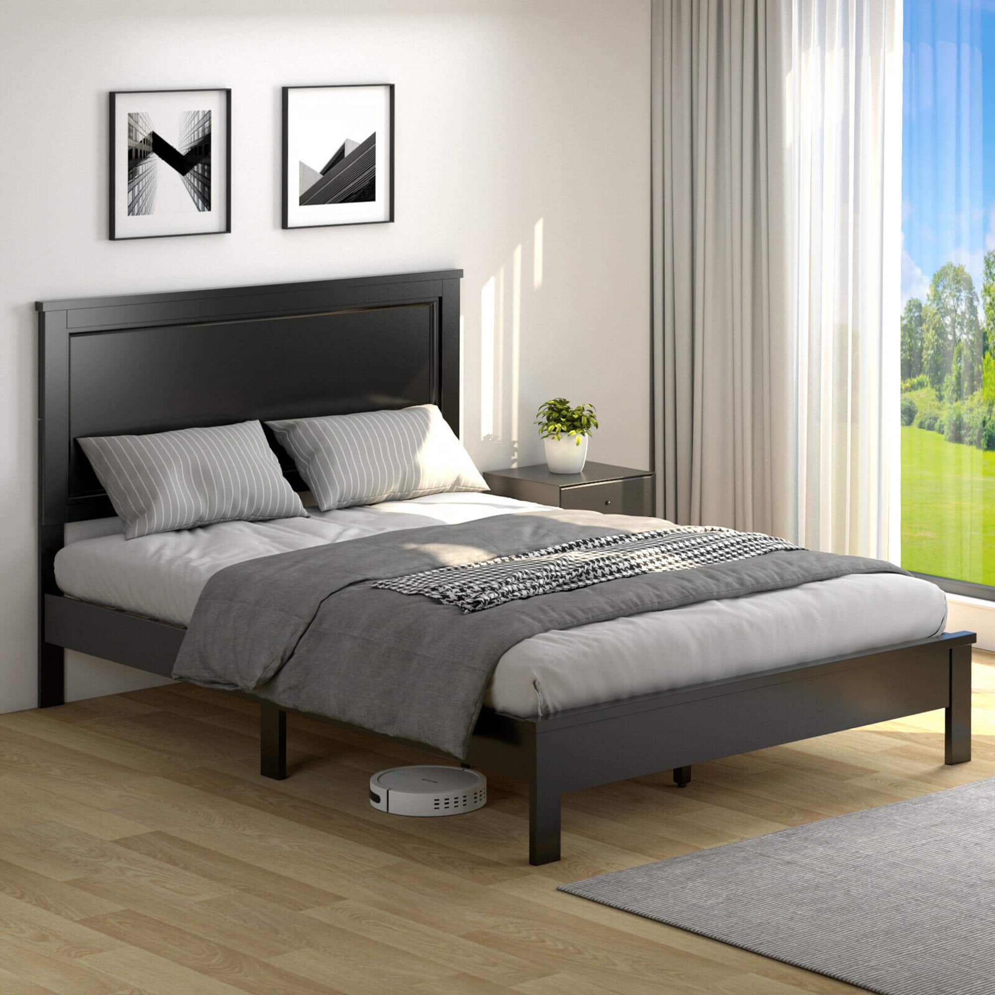 Front. Gymax - Gymax Queen Size Bed Frame Platform Slat High Headboard Bedroom Rubber Wood Leg Black - Black.