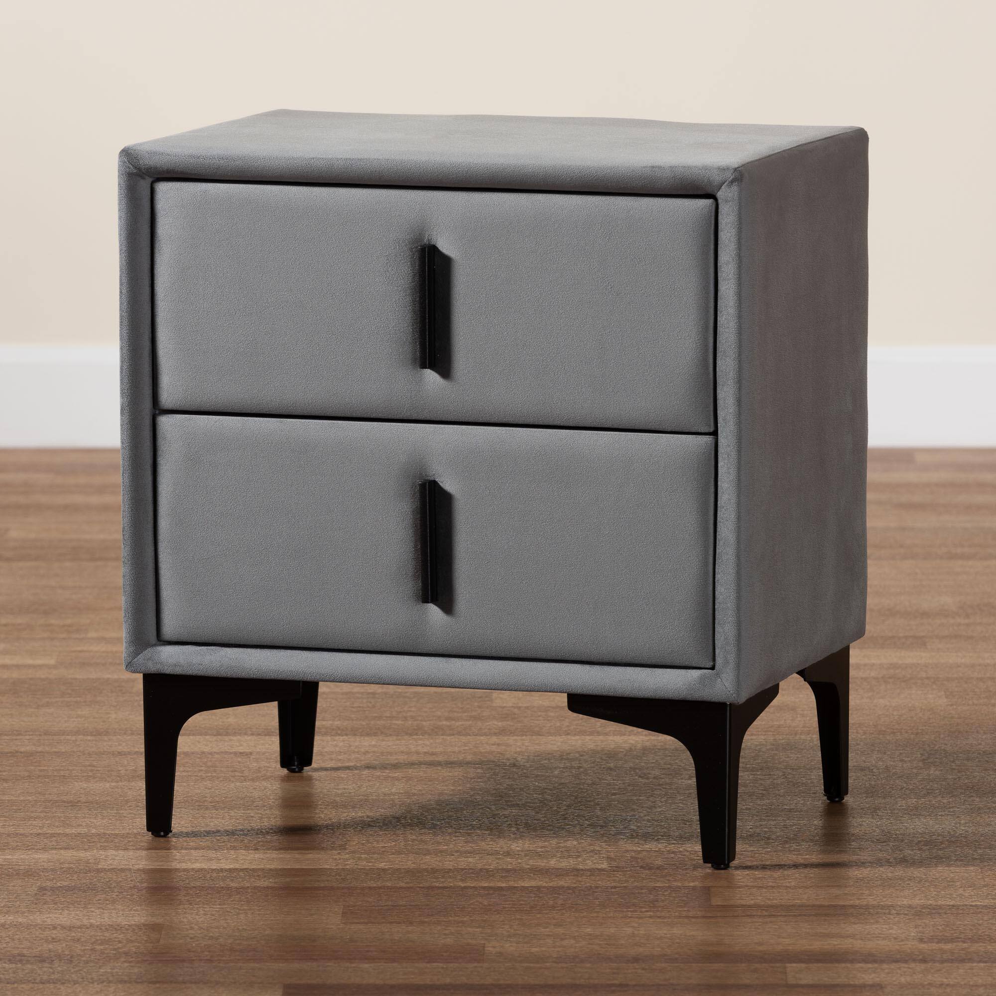 Alt View 6. Baxton Studio - Etienne Modern Slate Velvet 2-Drawer Nightstand - Slate Grey/Black.