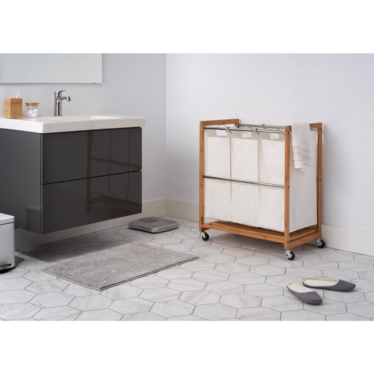 Angle. TRINITY - EcoStorage 3-Bag Bamboo Laundry Cart Chrome Poles - Chrome.