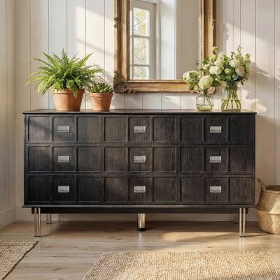FUFU & GAGA - Vintage Card Catalog 9 Drawer Dresser - Industrial Storage Cabinet with Silver Metal Handles for Bedroom, Living Room - Black FUFU & GAGA - Vintage Card Catalog 9 Drawer Dresser - Industrial Storage Cabinet with Silver Metal Handles for Bedroom, Living Room - Black