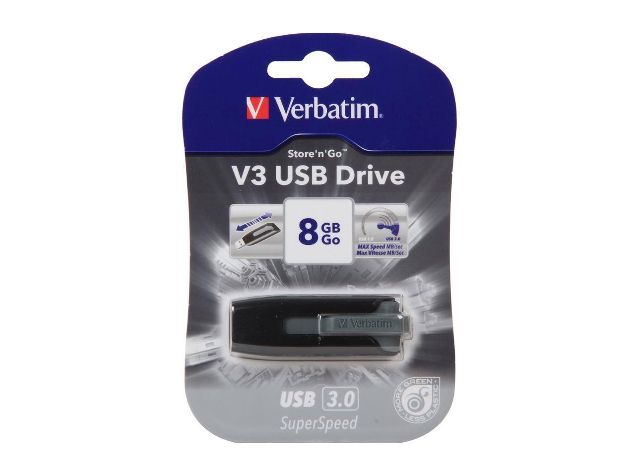 Verbatim  
Store'n'Go V3 USB Drive  
8 GB  
USB 3.0 SuperSpeed  
MAX Speed 30 MB/s  
Max Vitesse 30 MB/s  
GREEN MORE PLASTIC LESS