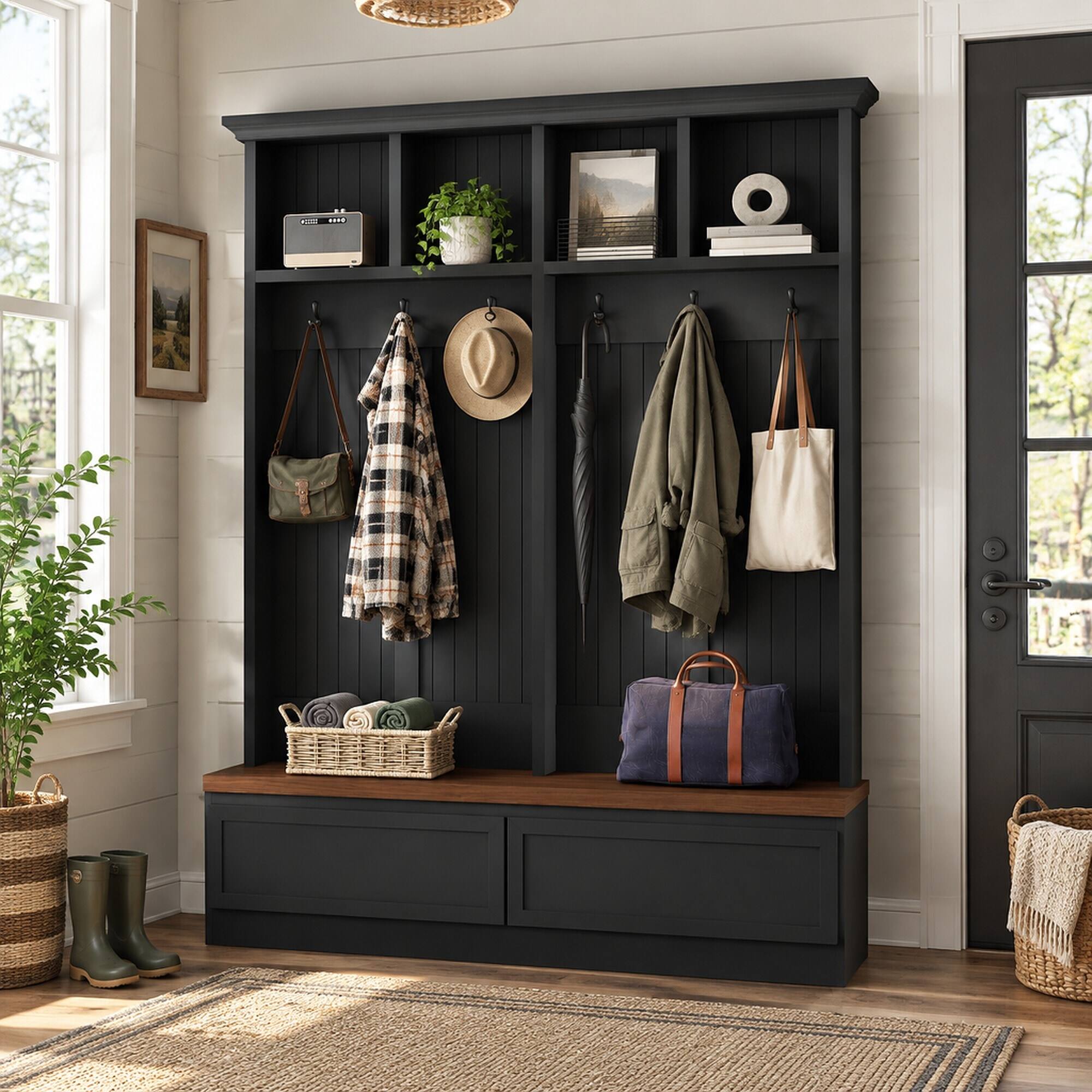 Left. RYHNUYNE - 4-in-1 Hall Tree, Wood Grain Bench, 2 Drawers, 6 Hooks, Black, 55.9 in Wide, Farmhouse Entryway Organizer - Black + Dark Walnut.