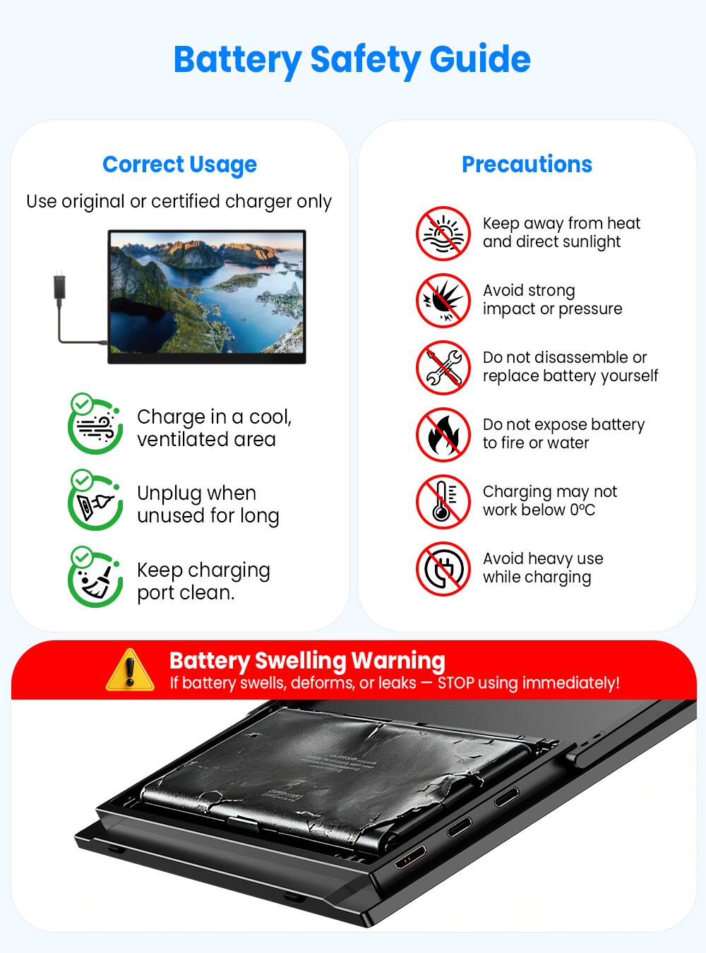 Battery Safety Guide

Correct Usage
- Use original or certified charger only
- Charge in a cool, ventilated area
- Unplug when unused for long
- Keep charging port clean.

Precautions
- Keep away from heat and direct sunlight
- Avoid strong impact or pressure
- Do not disassemble or replace battery yourself
- Do not expose battery to fire or water
- Charging may not work below 0°C
- Avoid heavy use while charging

Battery Swelling Warning
- If battery swells, deforms, or leaks – STOP using immediately!