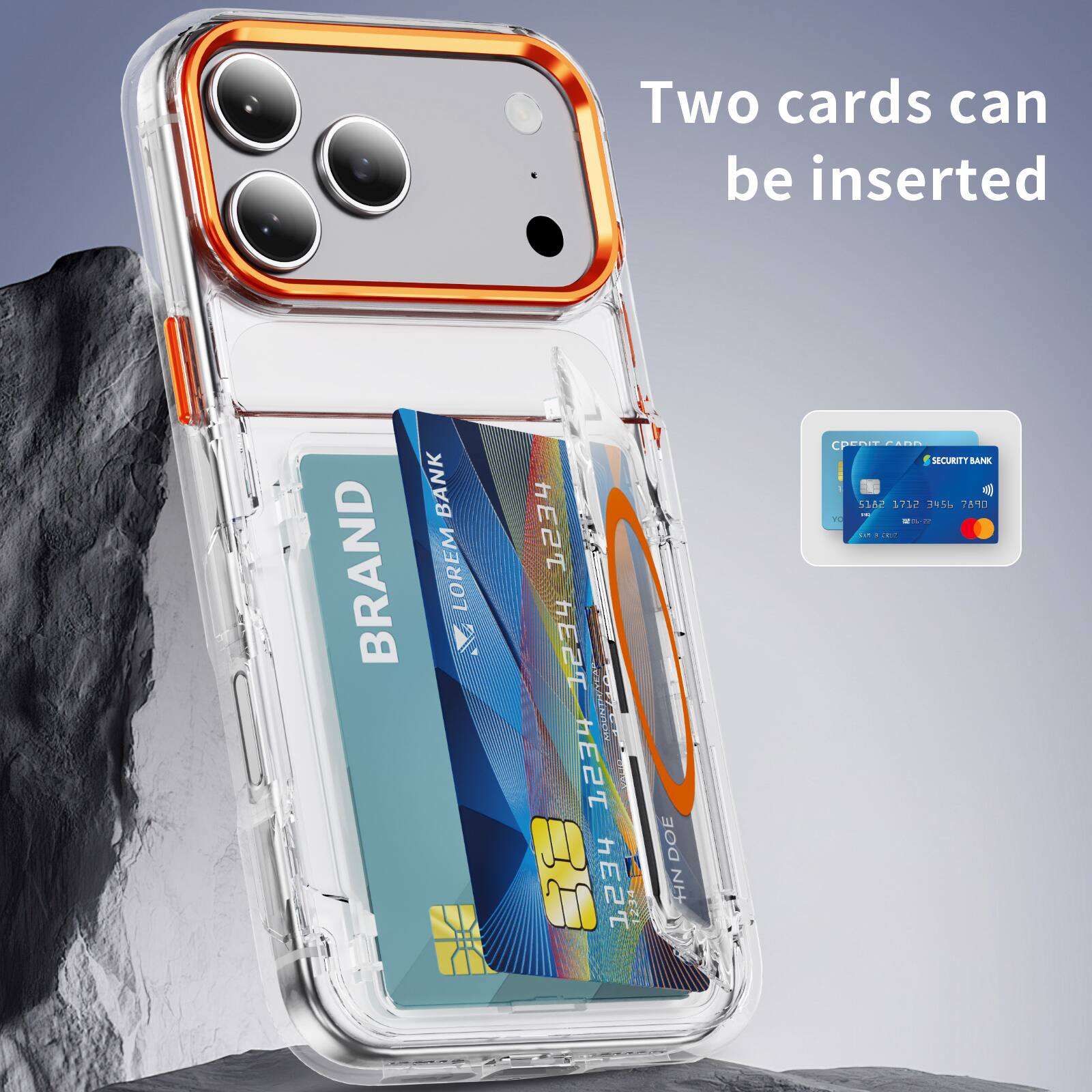 Two cards can be inserted

BANK BRAND LOREM HESL 1234 YEA WOR MUS 1234 SN 1234 123 DOE HIN

CREDIT CARD
SECURITY BANK
51A2 1717 145 7610
VALID 07/2027