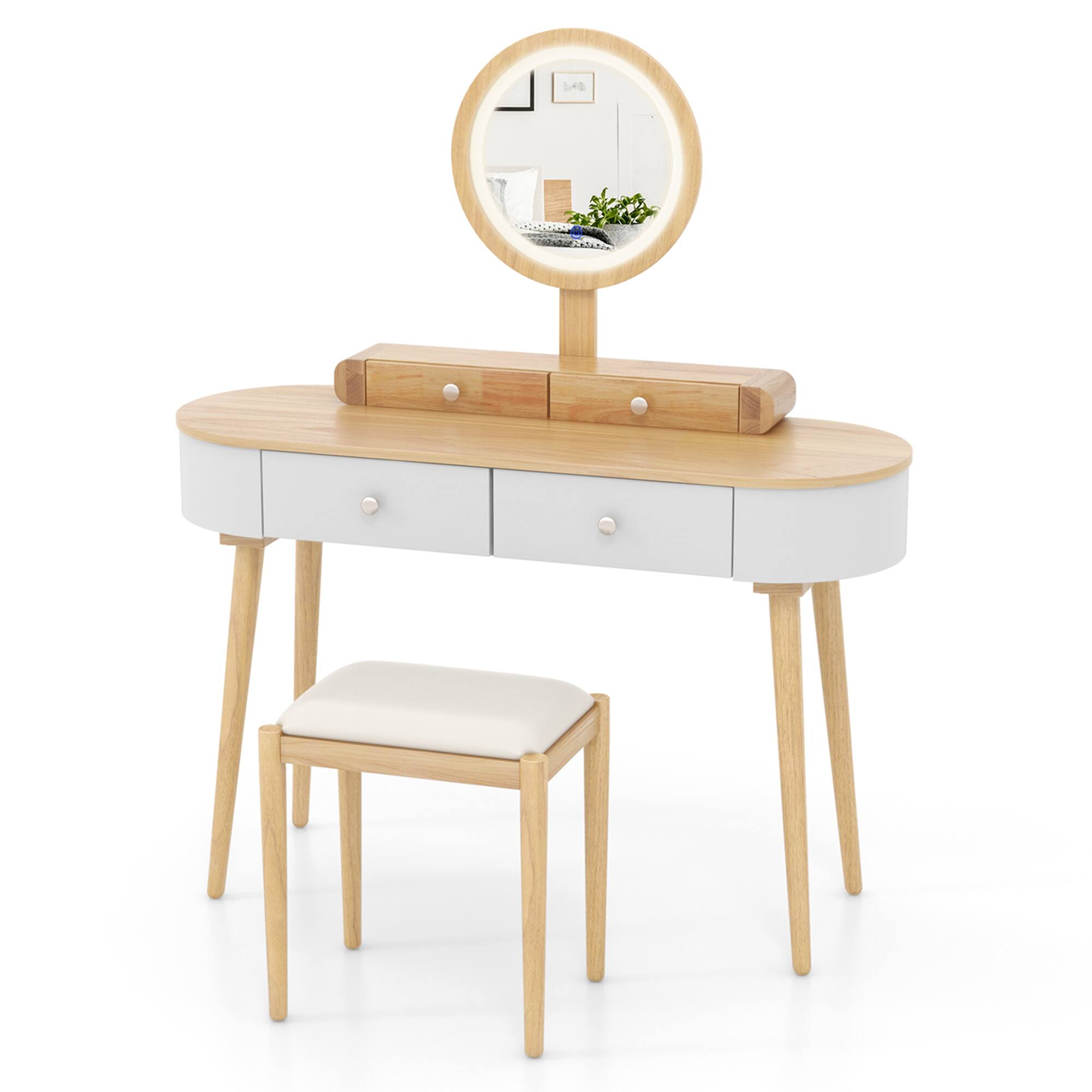 Alt View 9. Costway - Costway Solid Wood Makeup Vanity Desk Set with LED Lighted Mirror Drawers Cushioned Stool - Natural.